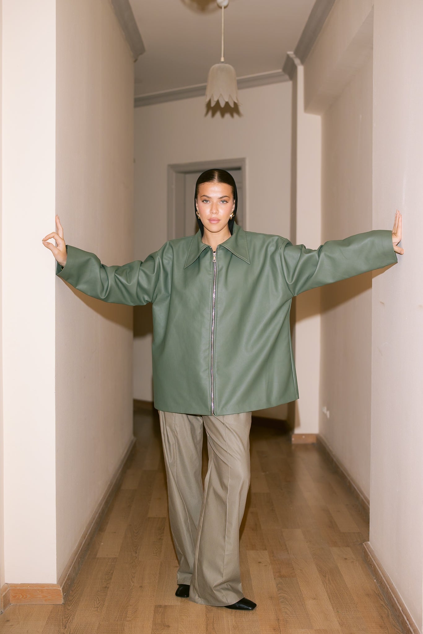 Oversized Straight Leather Jacket - Olive