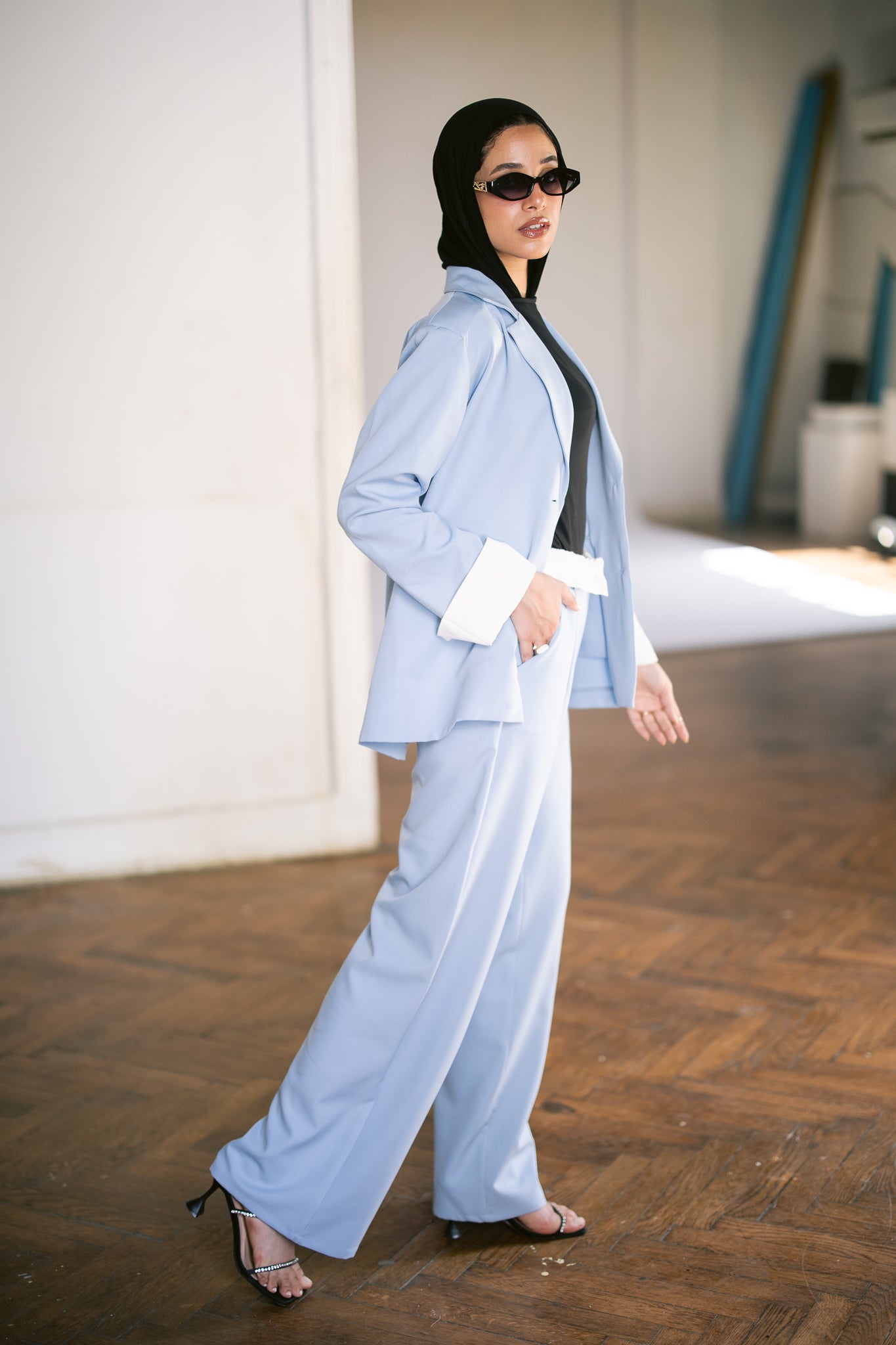 Fold-Over Waist Suit Pants - Baby Blue