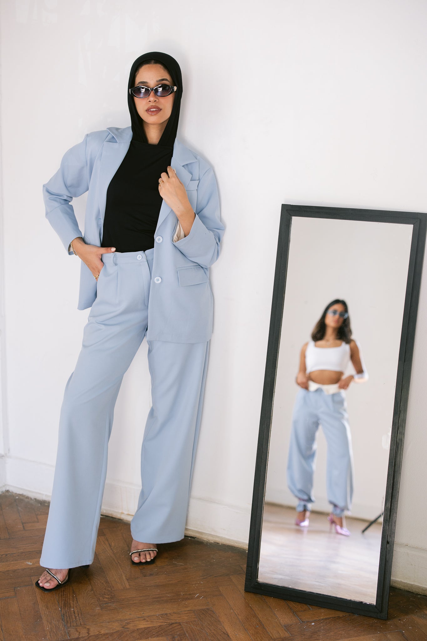 Fold-Over Waist Suit Pants - Baby Blue