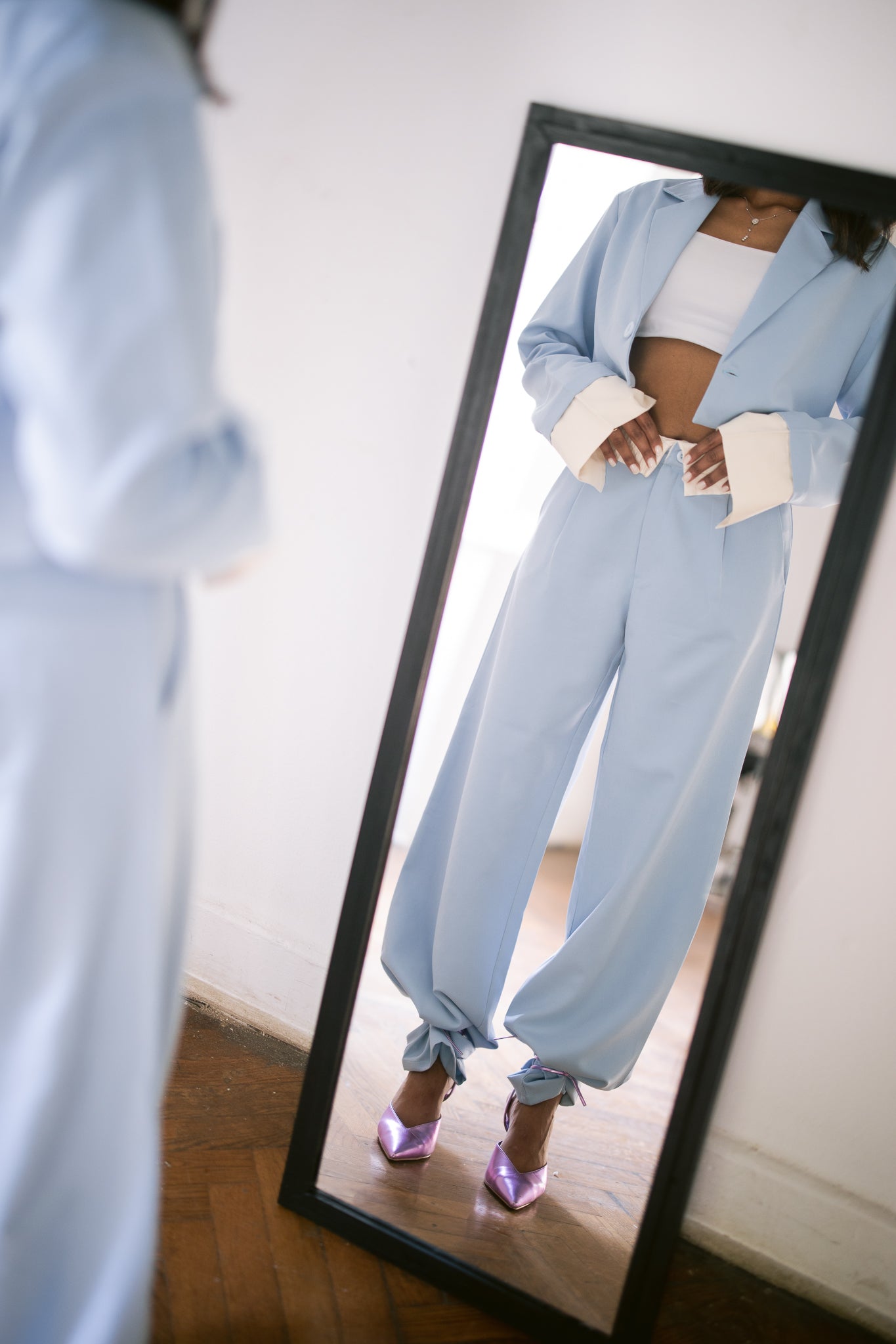 Fold-Over Waist Suit Pants - Baby Blue