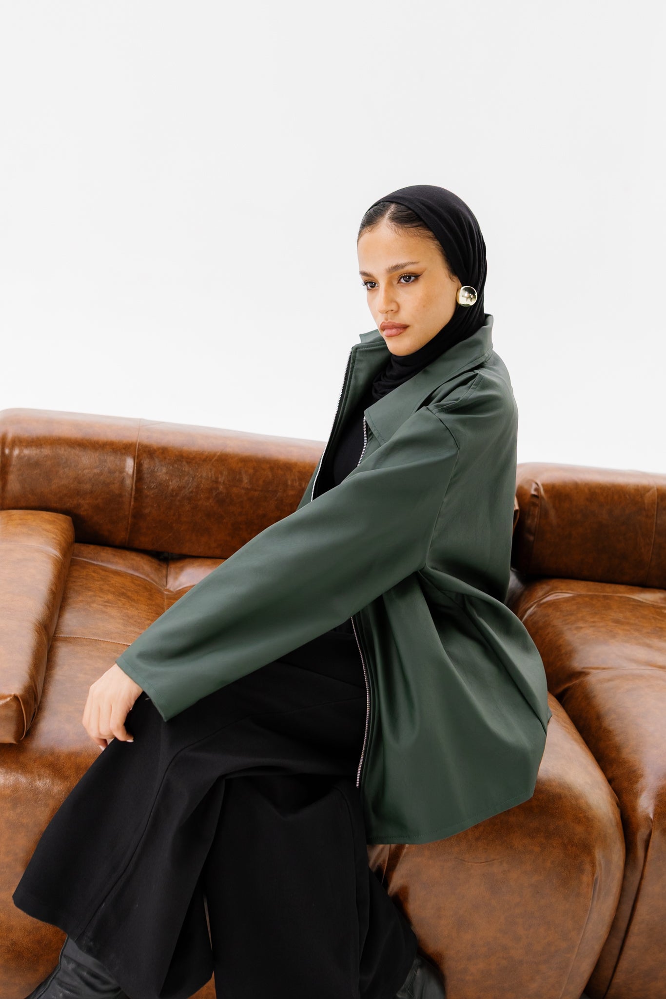 Oversized Leather Jacket - Olive