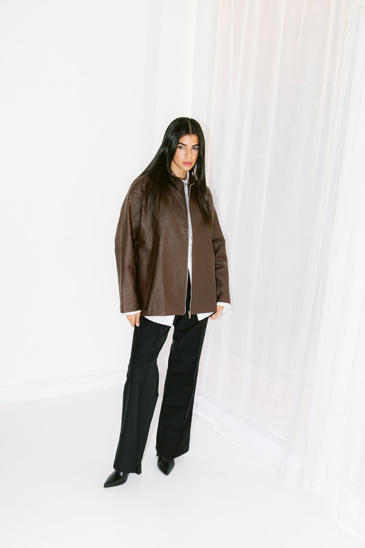 Oversized Straight Leather Jacket - Brown