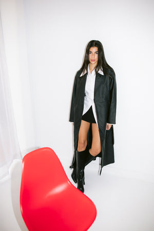 Leather Longline Coat - Black