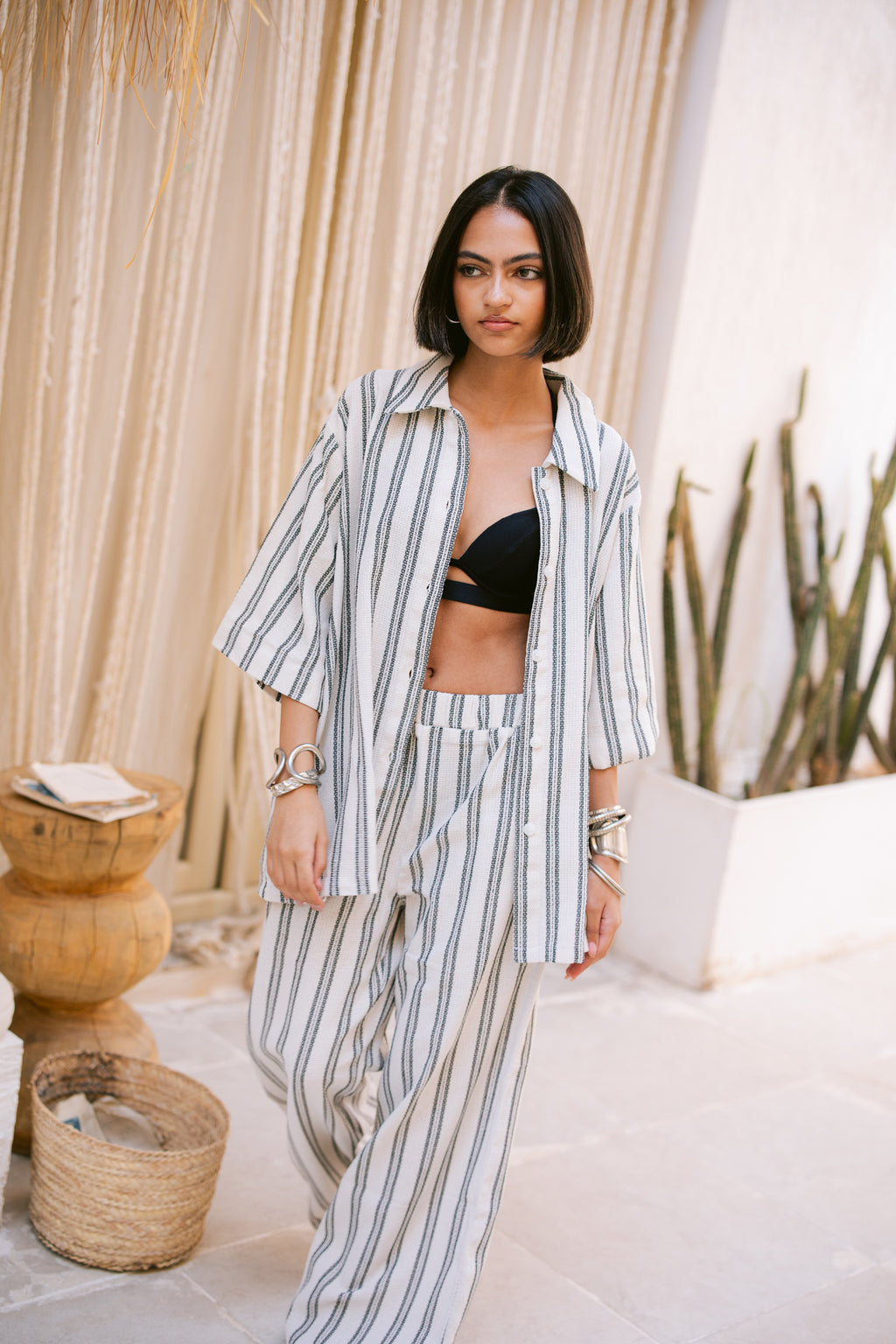 Relaxed Fit Striped Trousers - Dark Gray