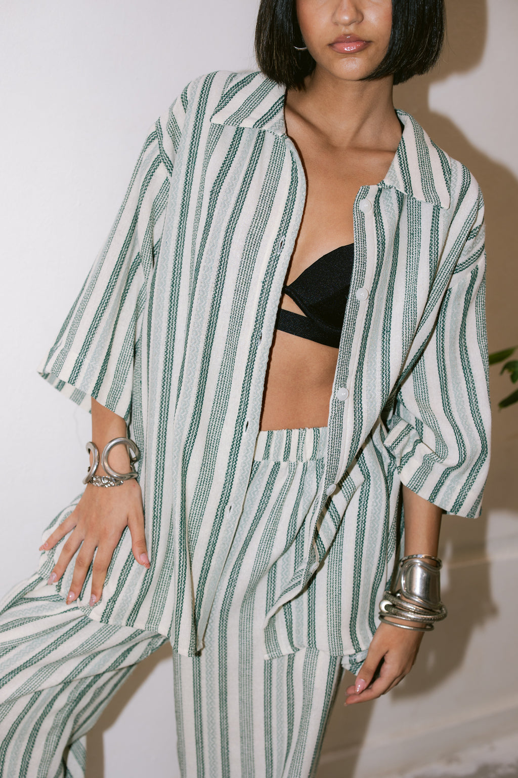 Relaxed Fit Striped Trousers - Green