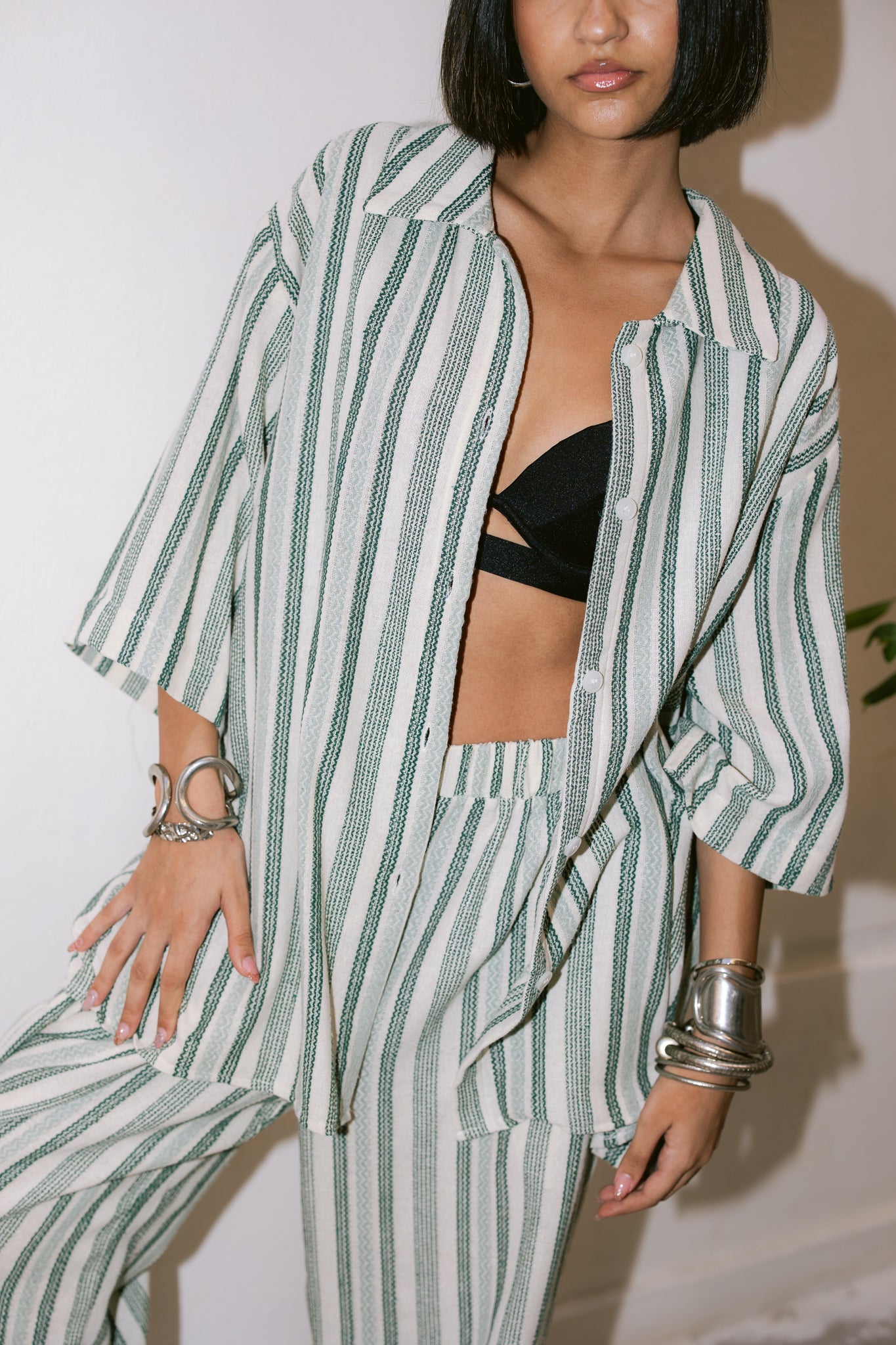 Relaxed Fit Striped Trousers - Green