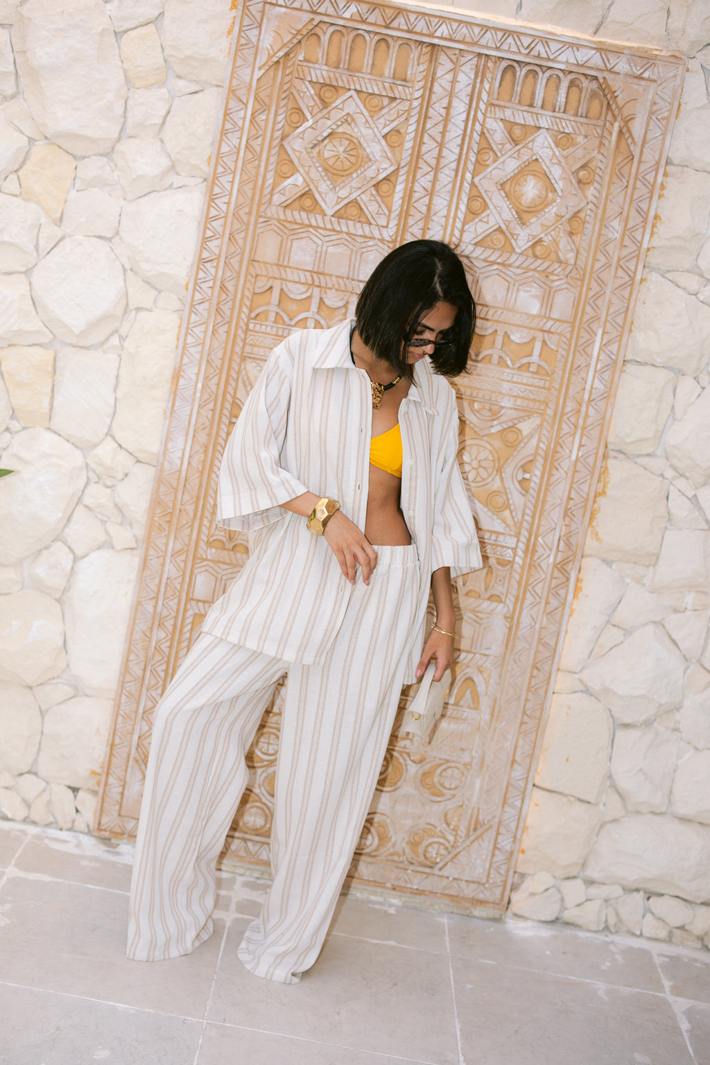 Relaxed Fit Striped Trousers - Beige