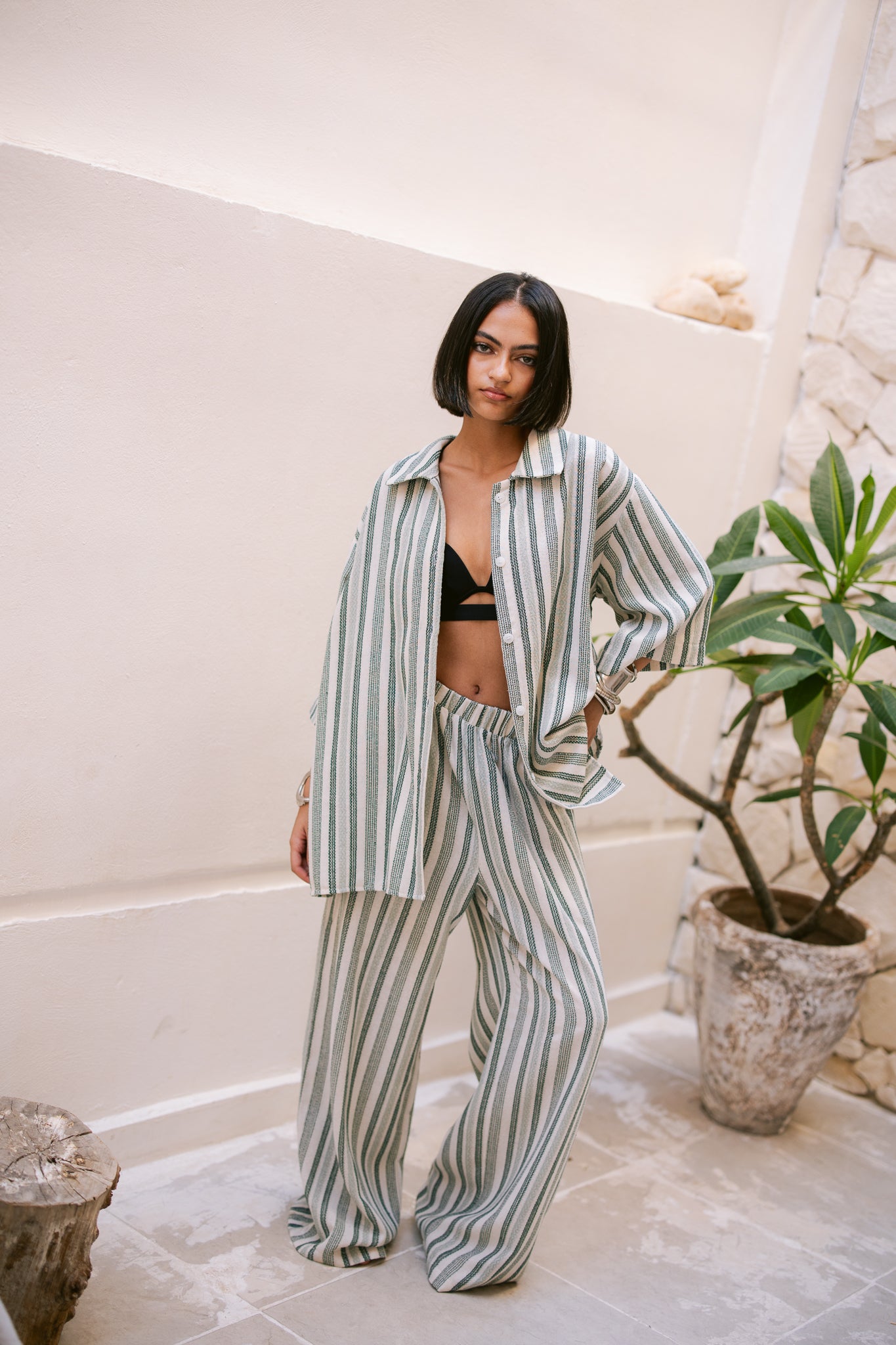Relaxed Fit Striped Trousers - Green