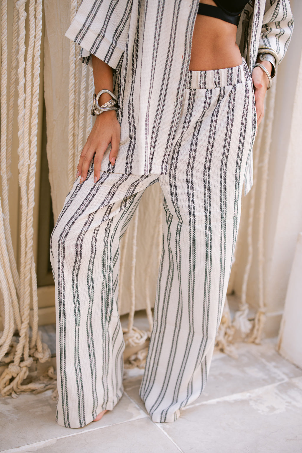Relaxed Fit Striped Trousers - Dark Gray