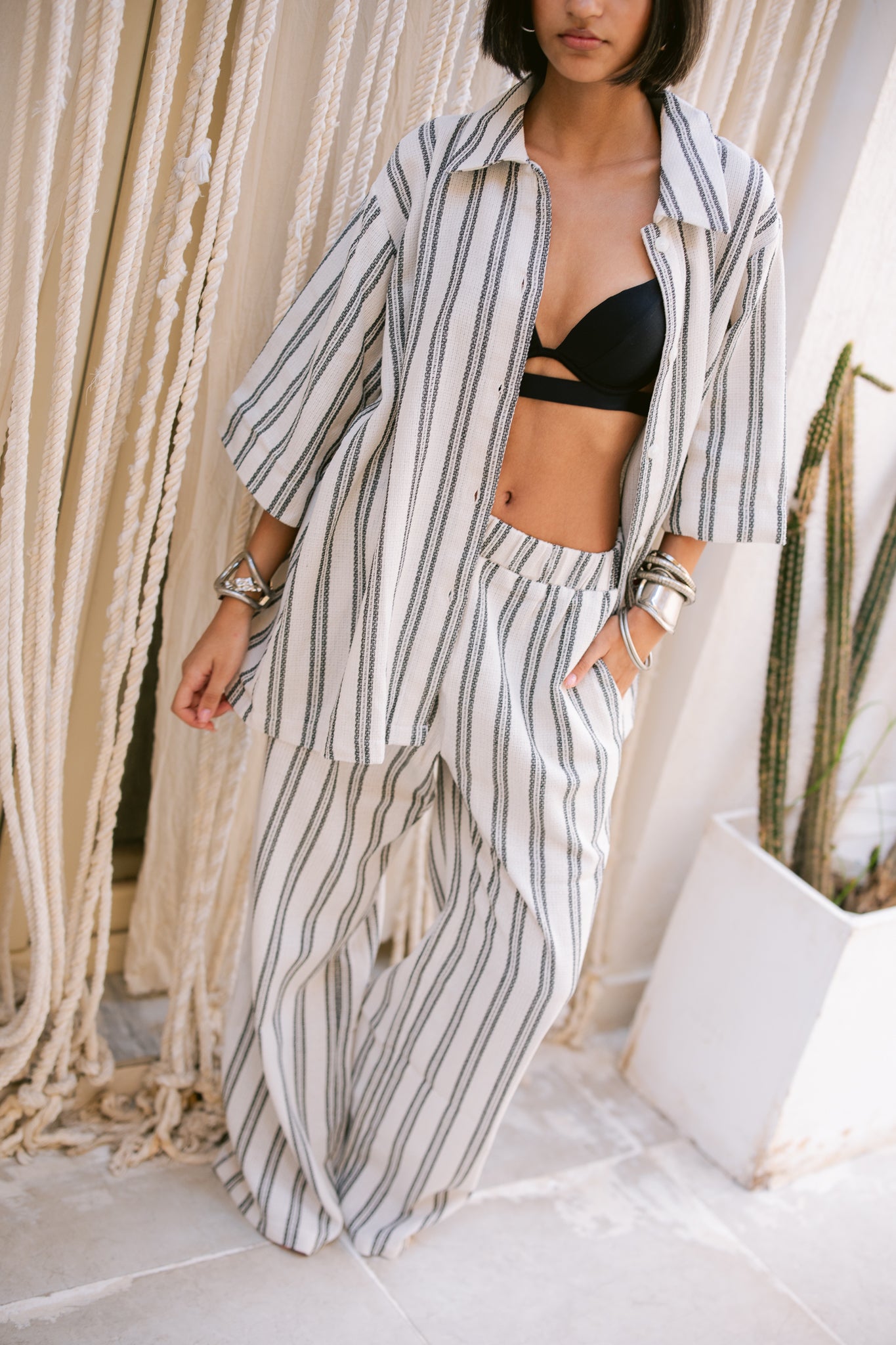 Relaxed Fit Striped Trousers - Dark Gray