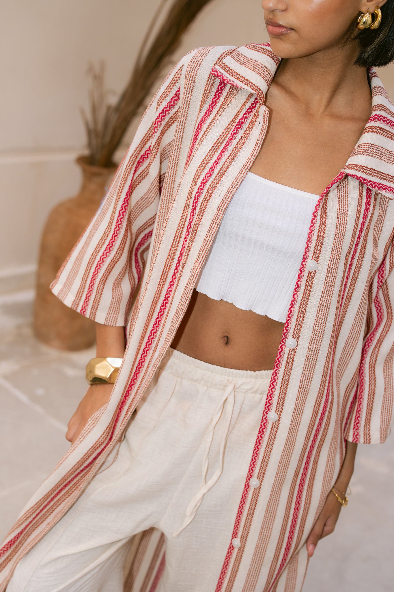 Striped Shirt Dress - Orange