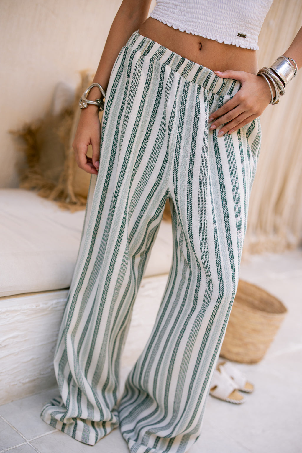 Relaxed Fit Striped Trousers - Green