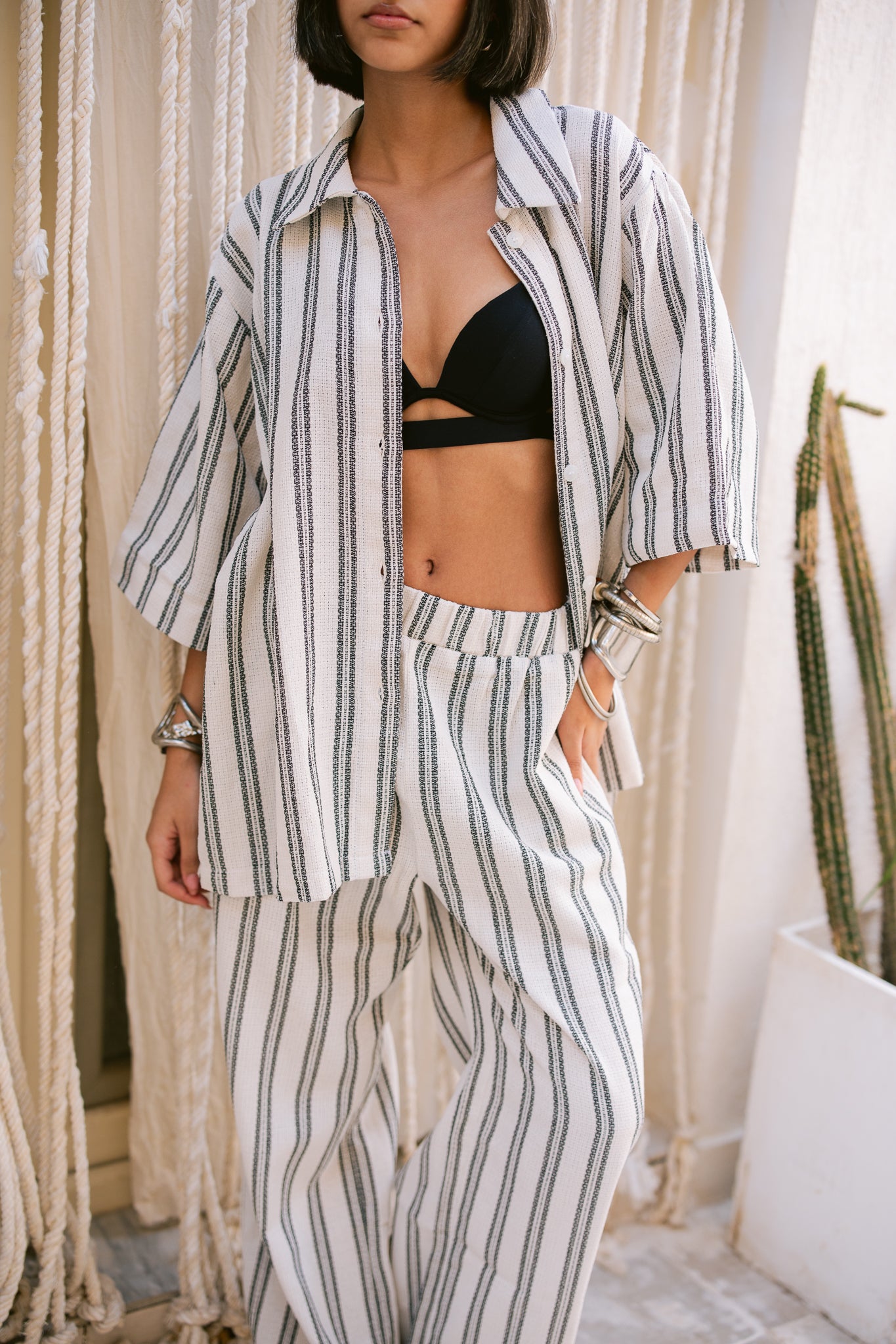 Relaxed Fit Striped Trousers - Dark Gray