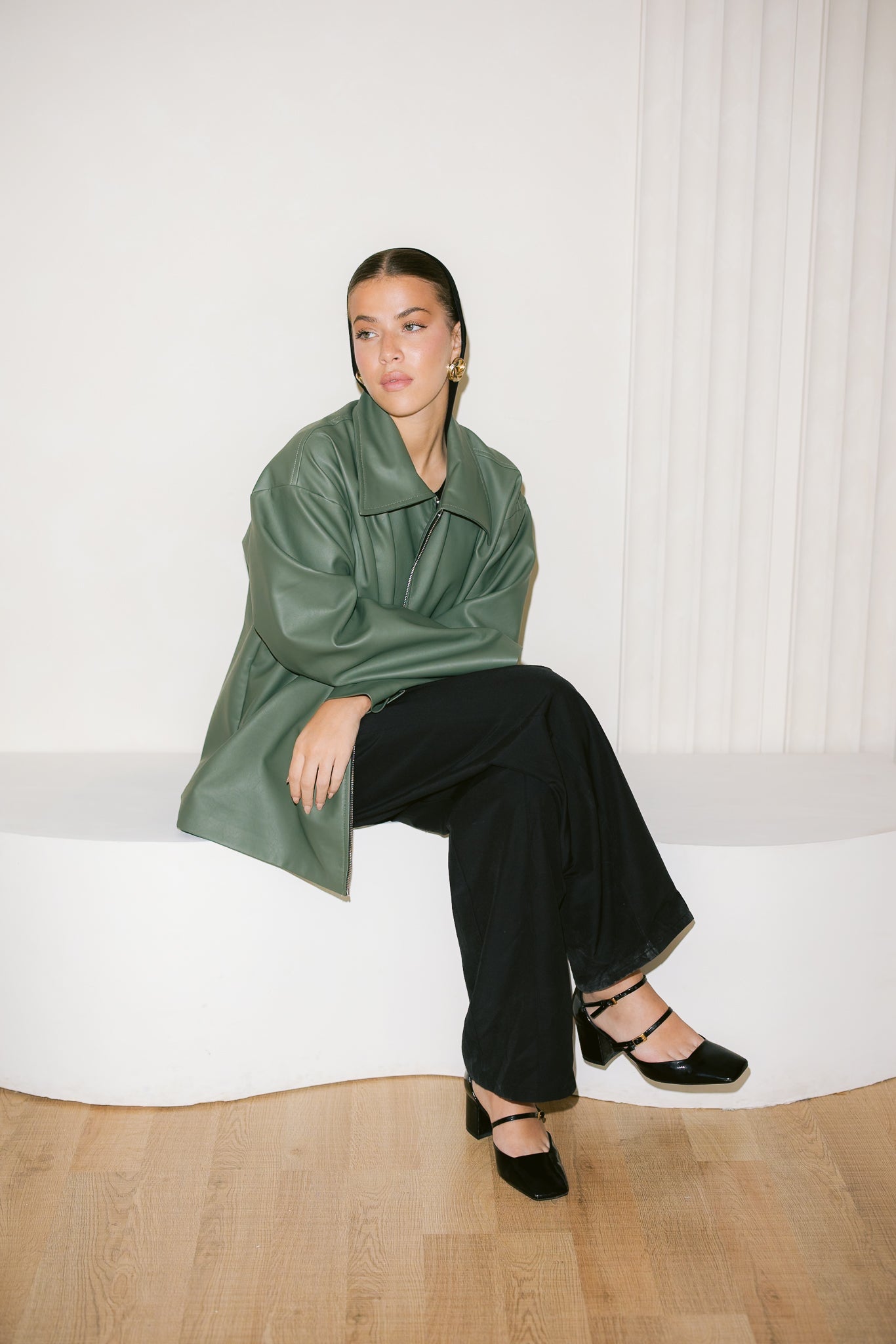 Oversized Straight Leather Jacket - Olive