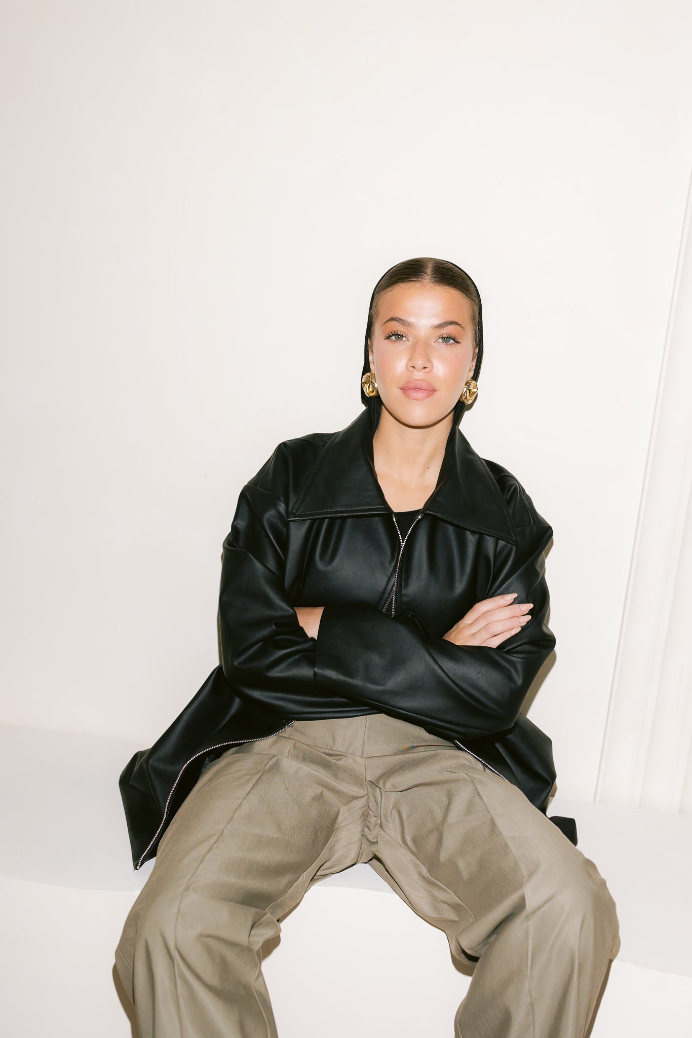 Oversized Straight Leather Jacket - Black