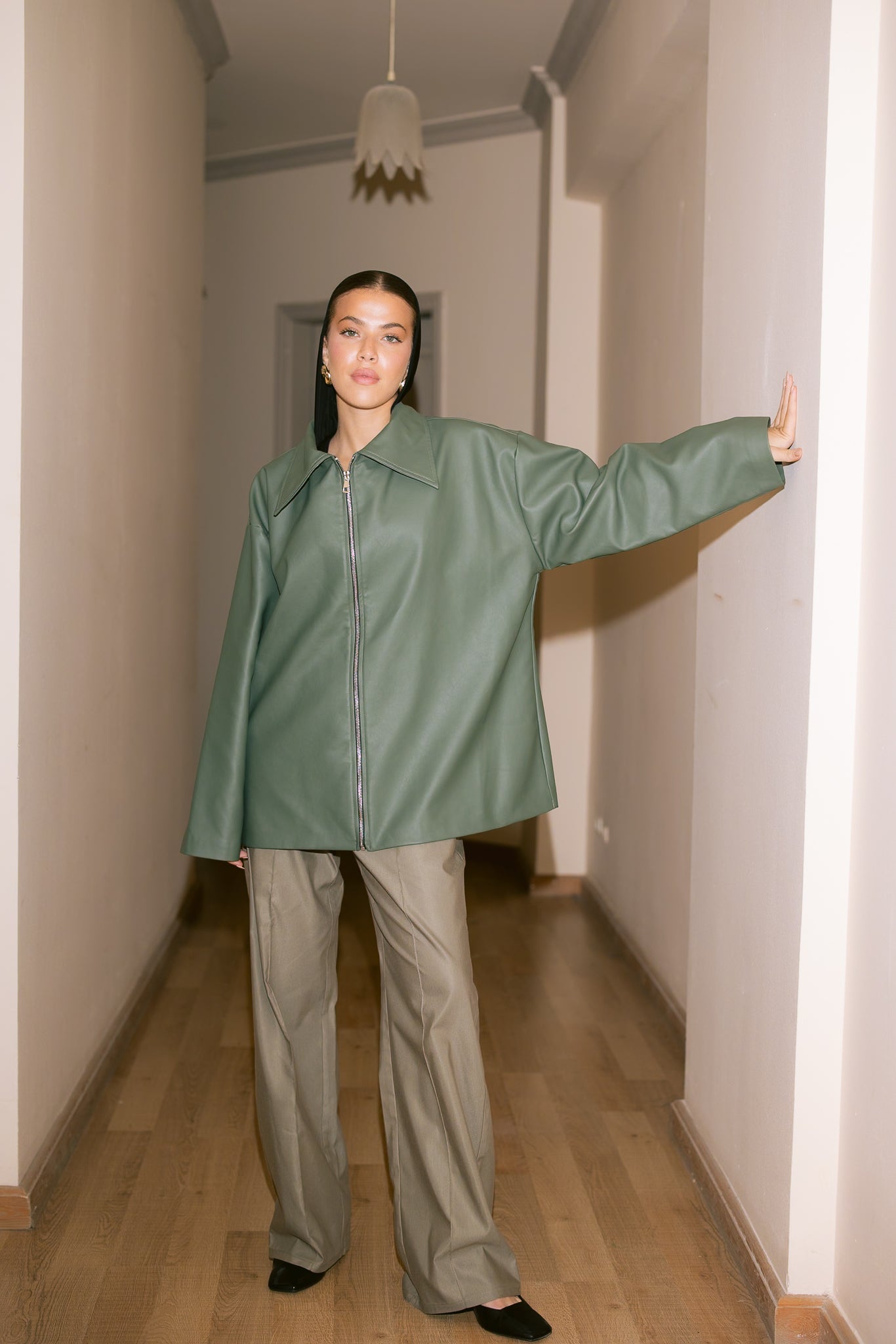 Oversized Straight Leather Jacket - Olive