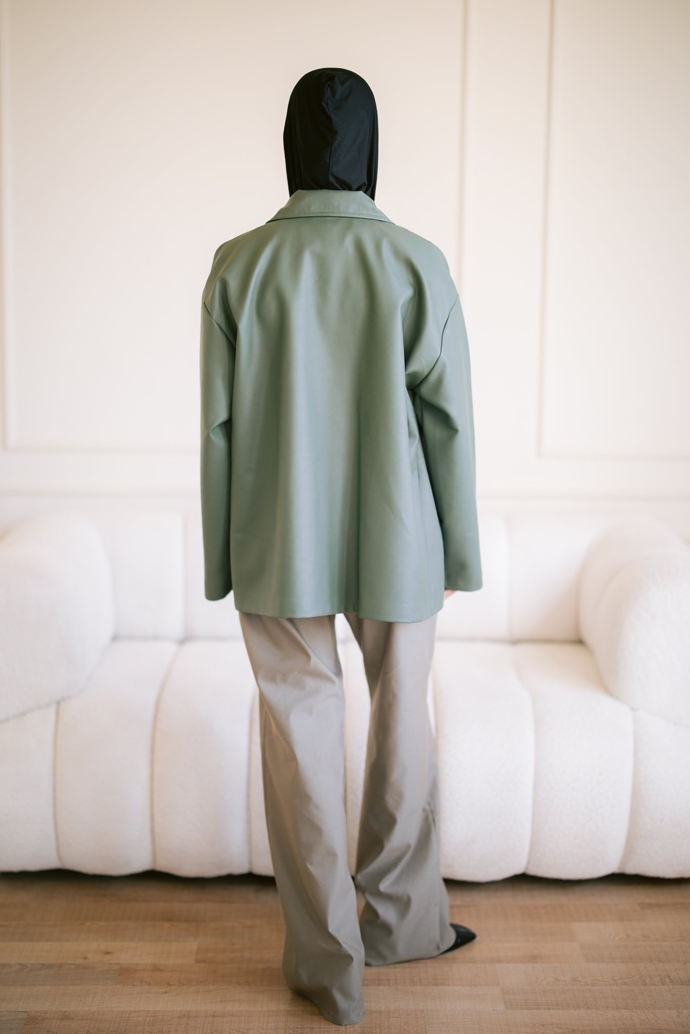 Oversized Straight Leather Jacket - Olive