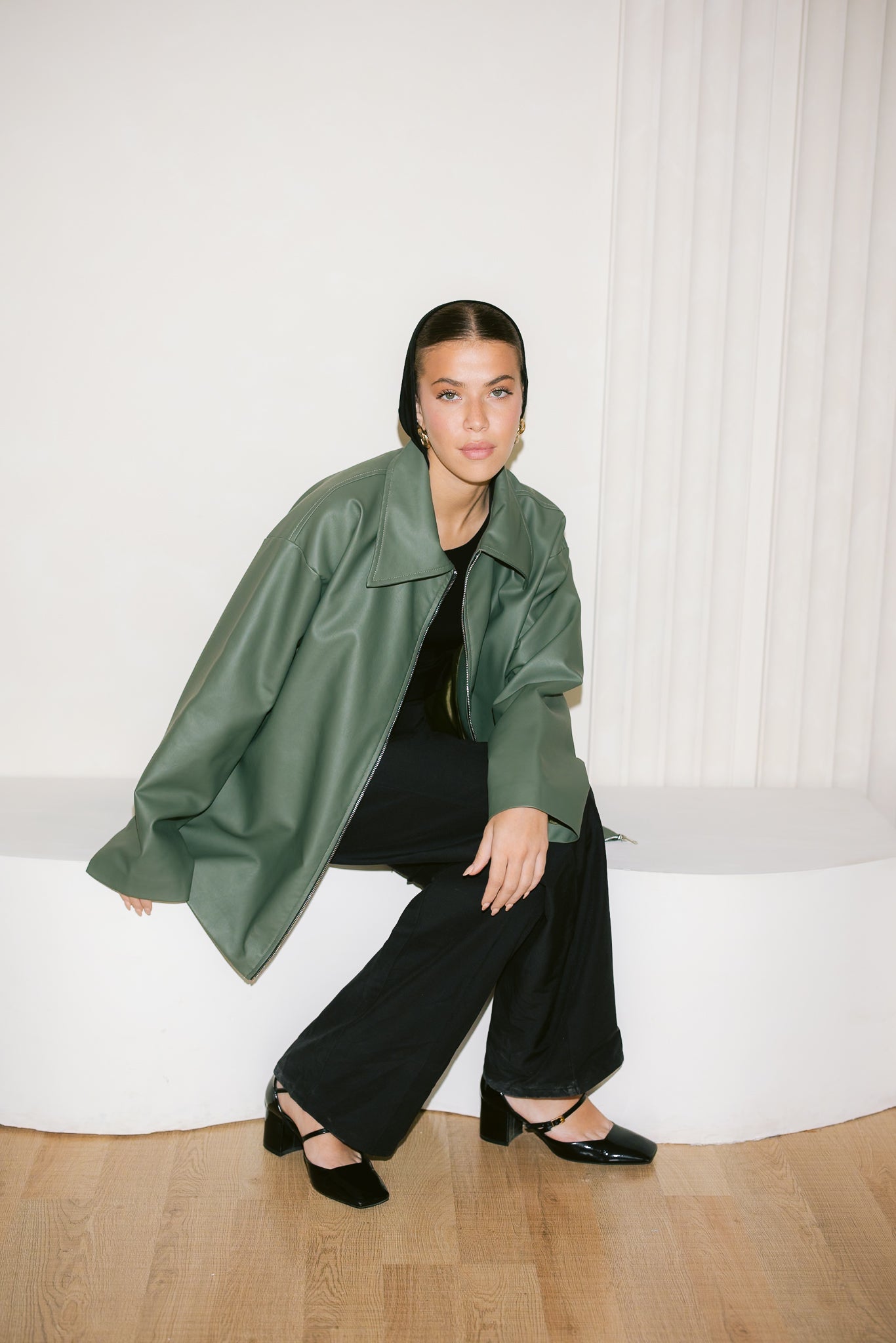 Oversized Straight Leather Jacket - Olive