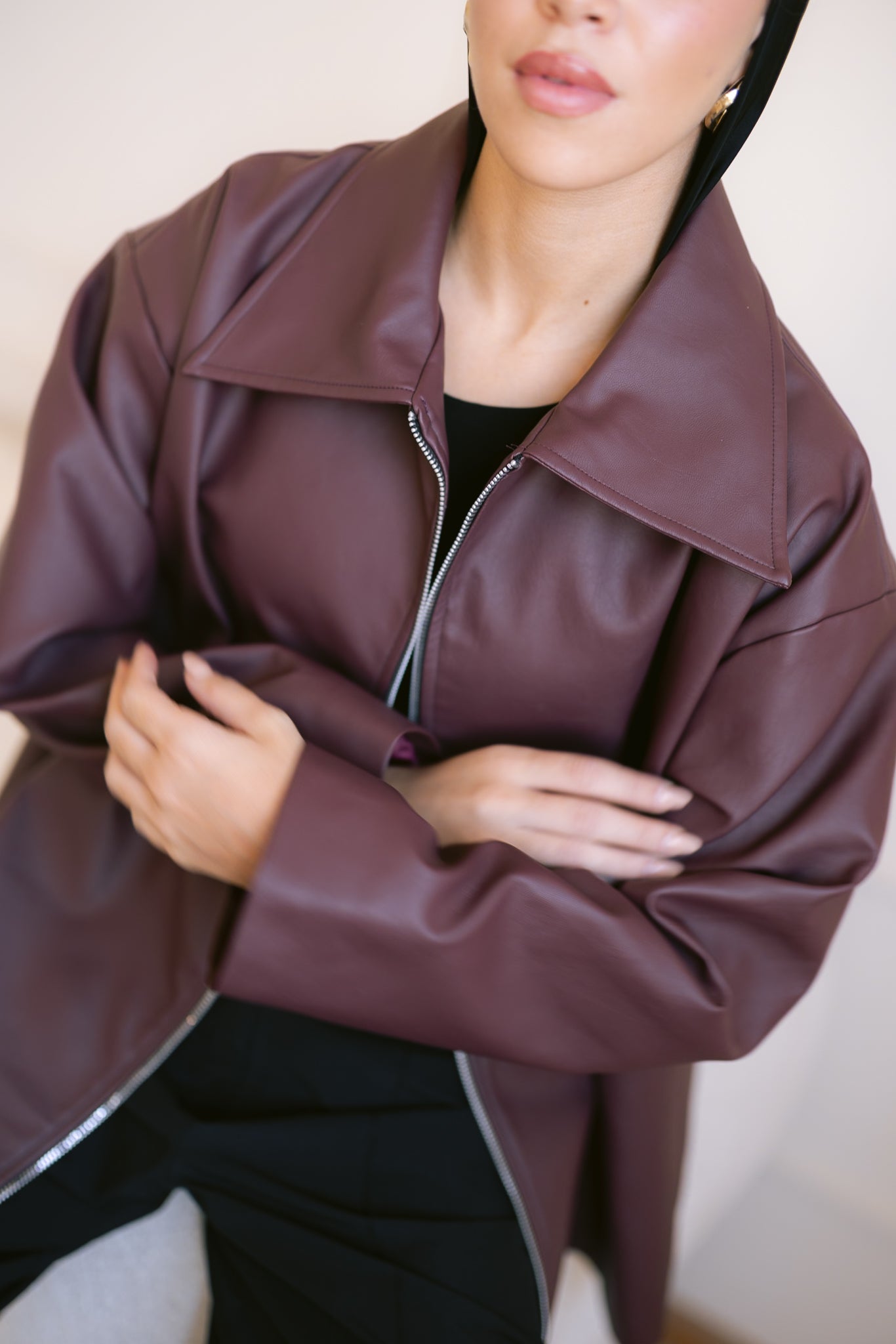 Oversized Straight Leather Jacket - Burgundy