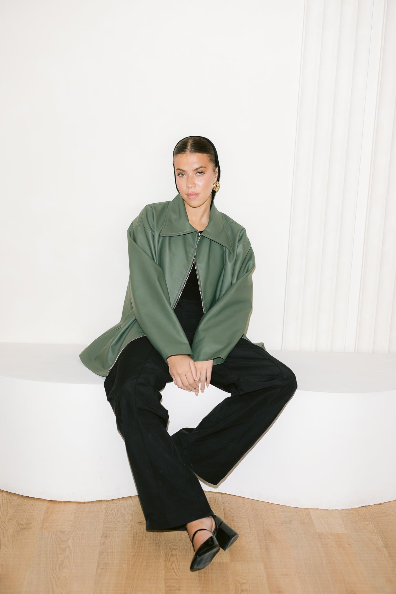 Oversized Straight Leather Jacket - Olive