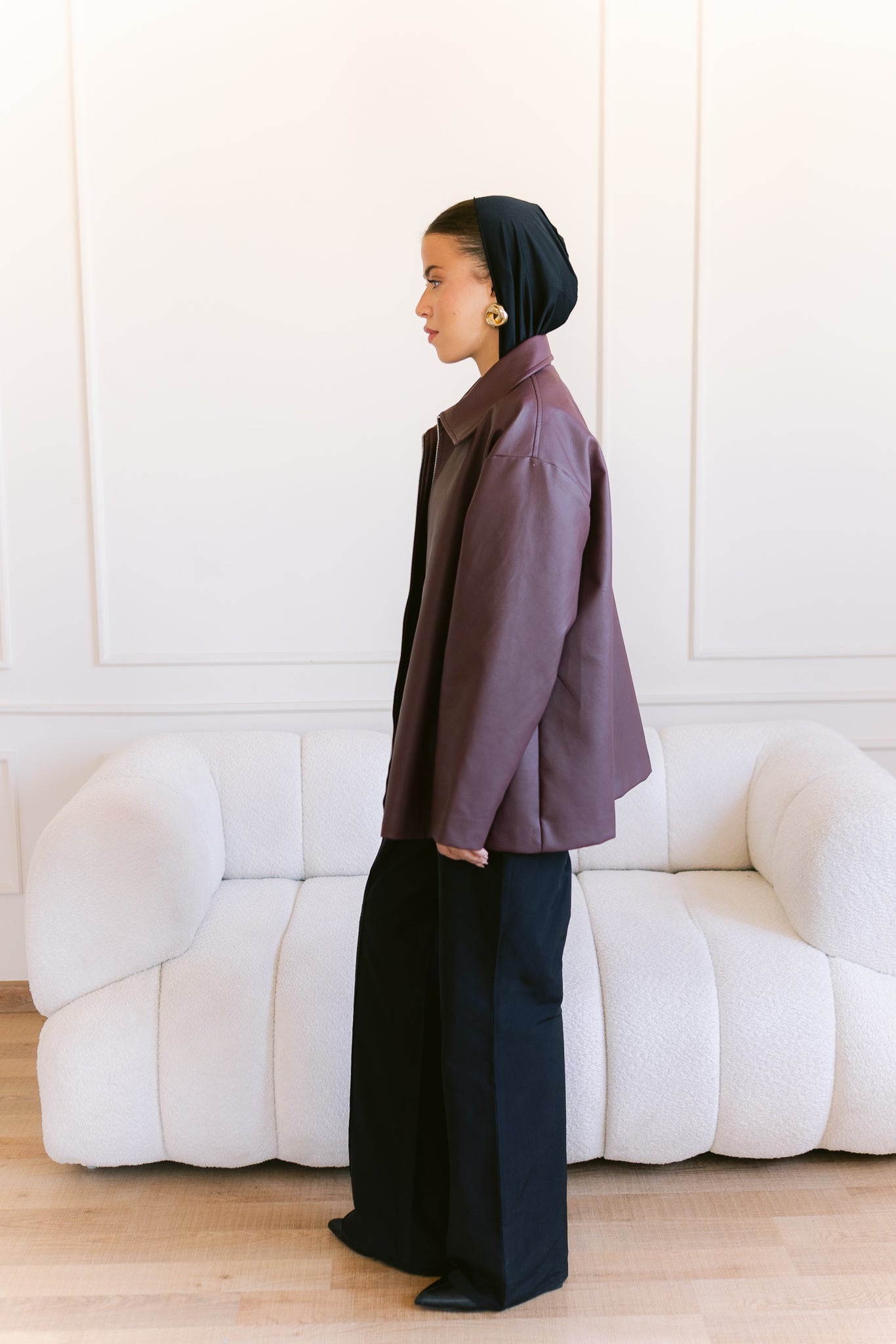 Oversized Straight Leather Jacket - Burgundy