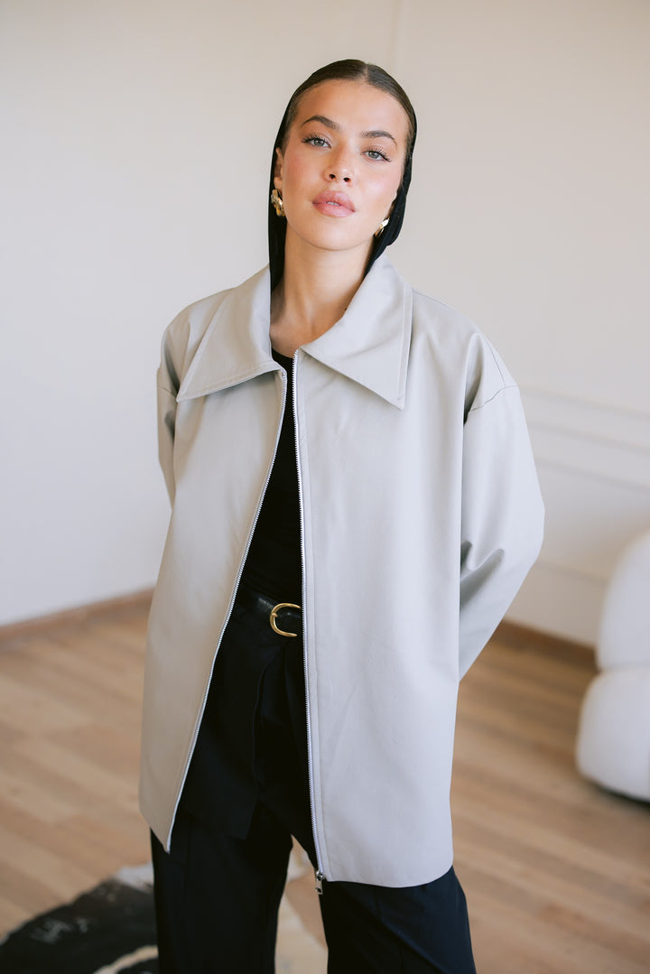 Oversized Straight Leather Jacket - Greige