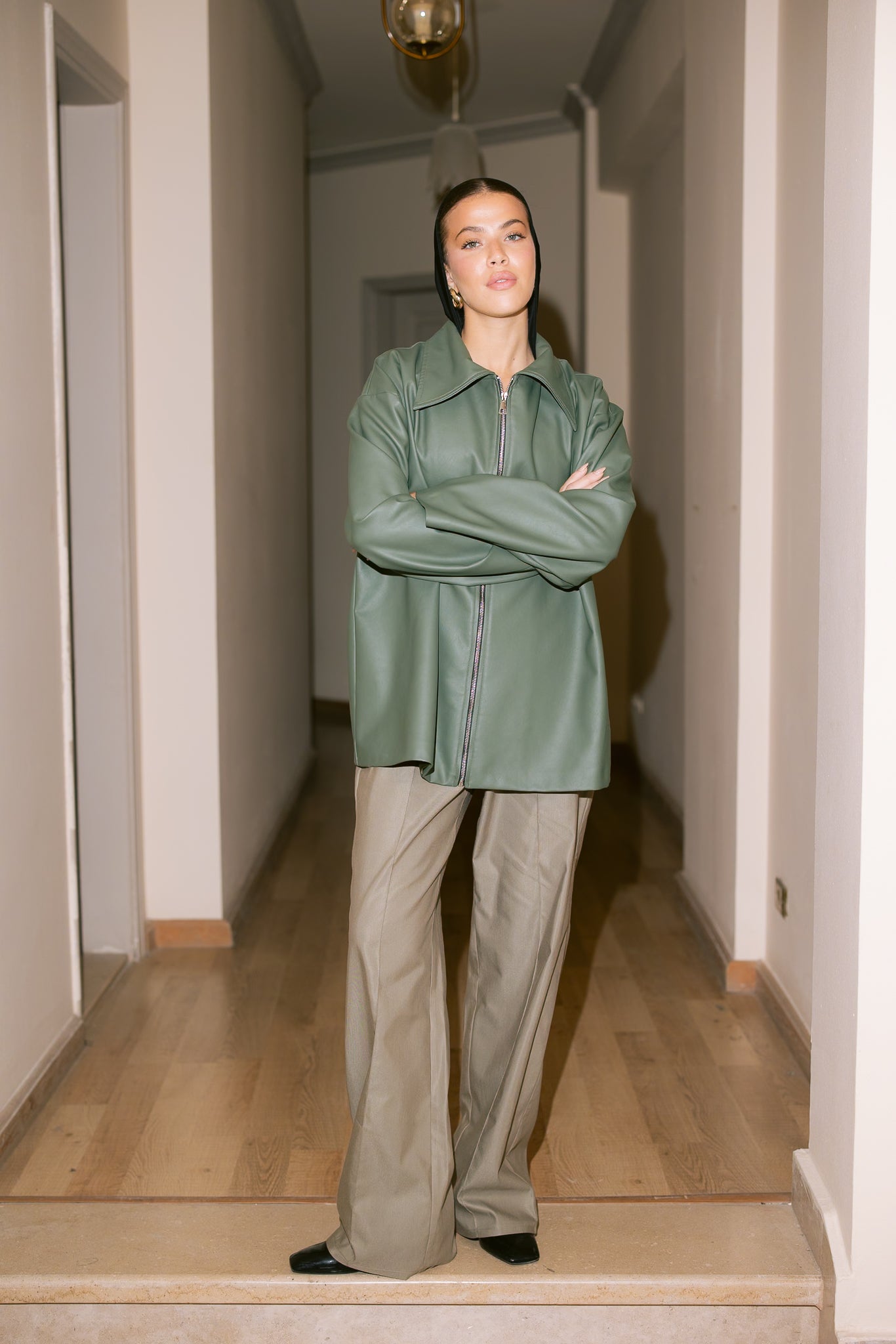 Oversized Straight Leather Jacket - Olive