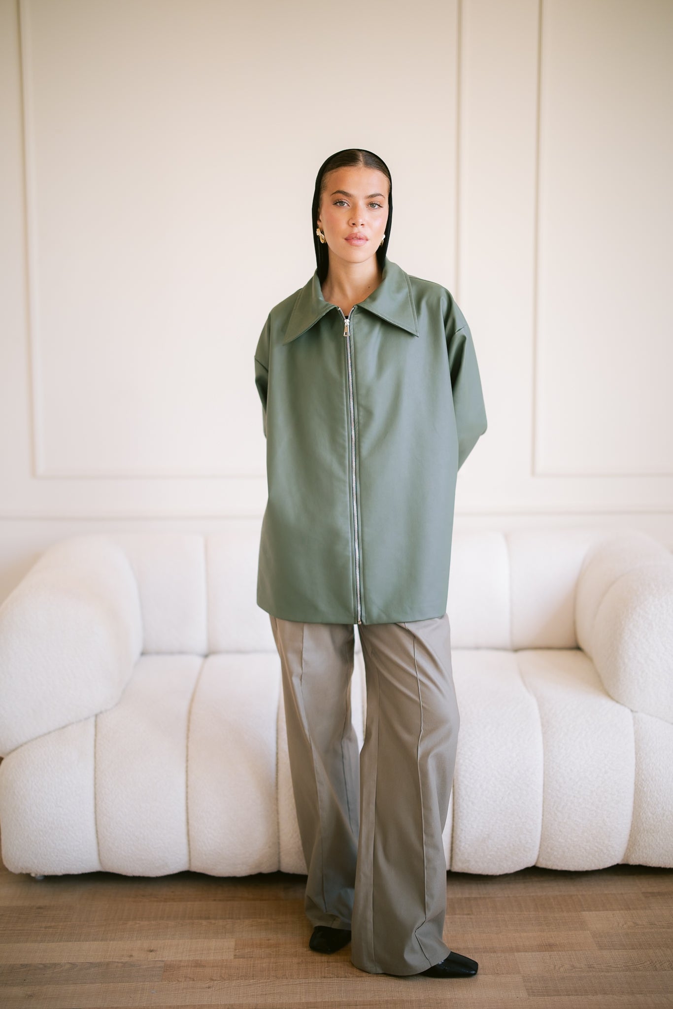 Oversized Straight Leather Jacket - Olive