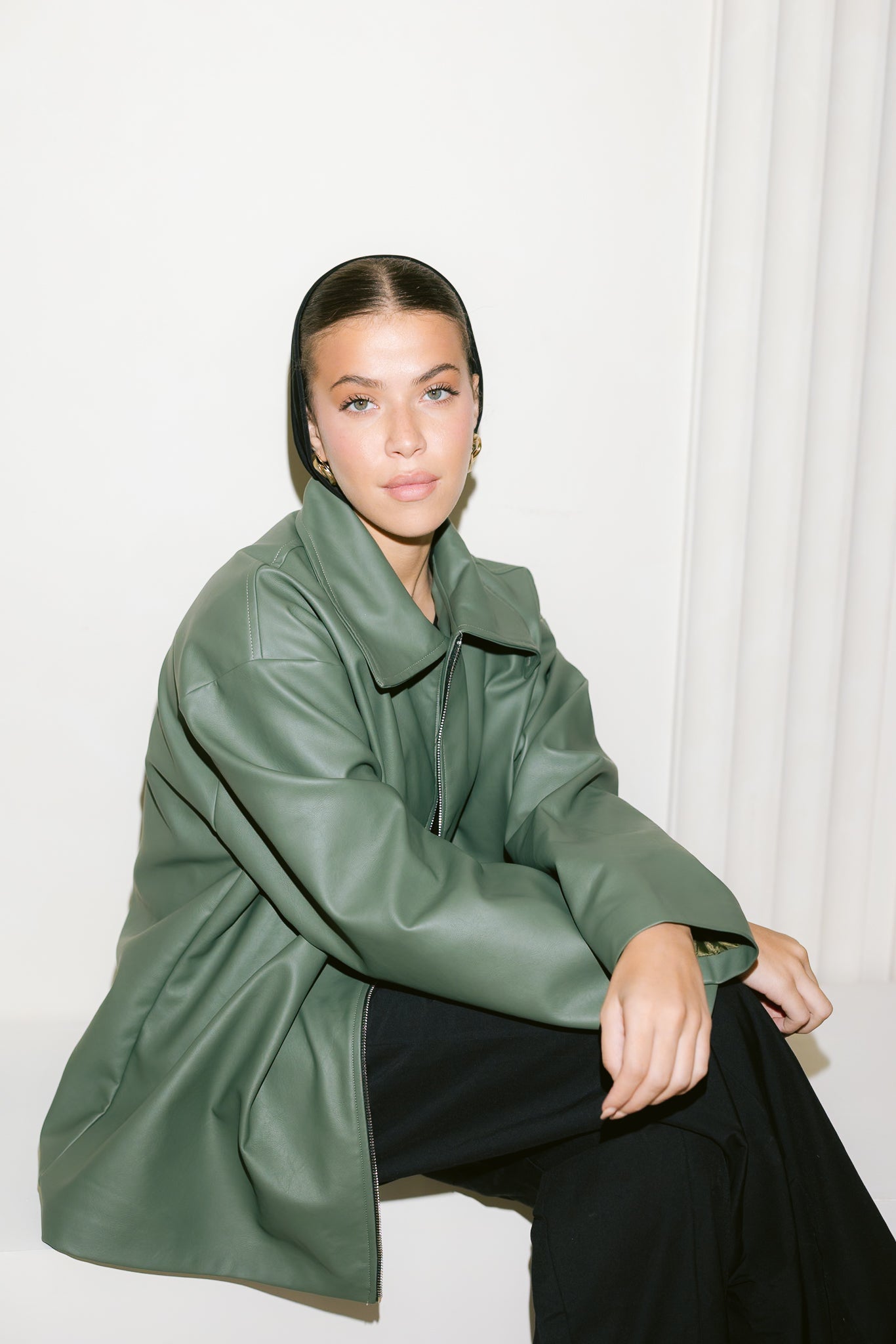 Oversized Straight Leather Jacket - Olive