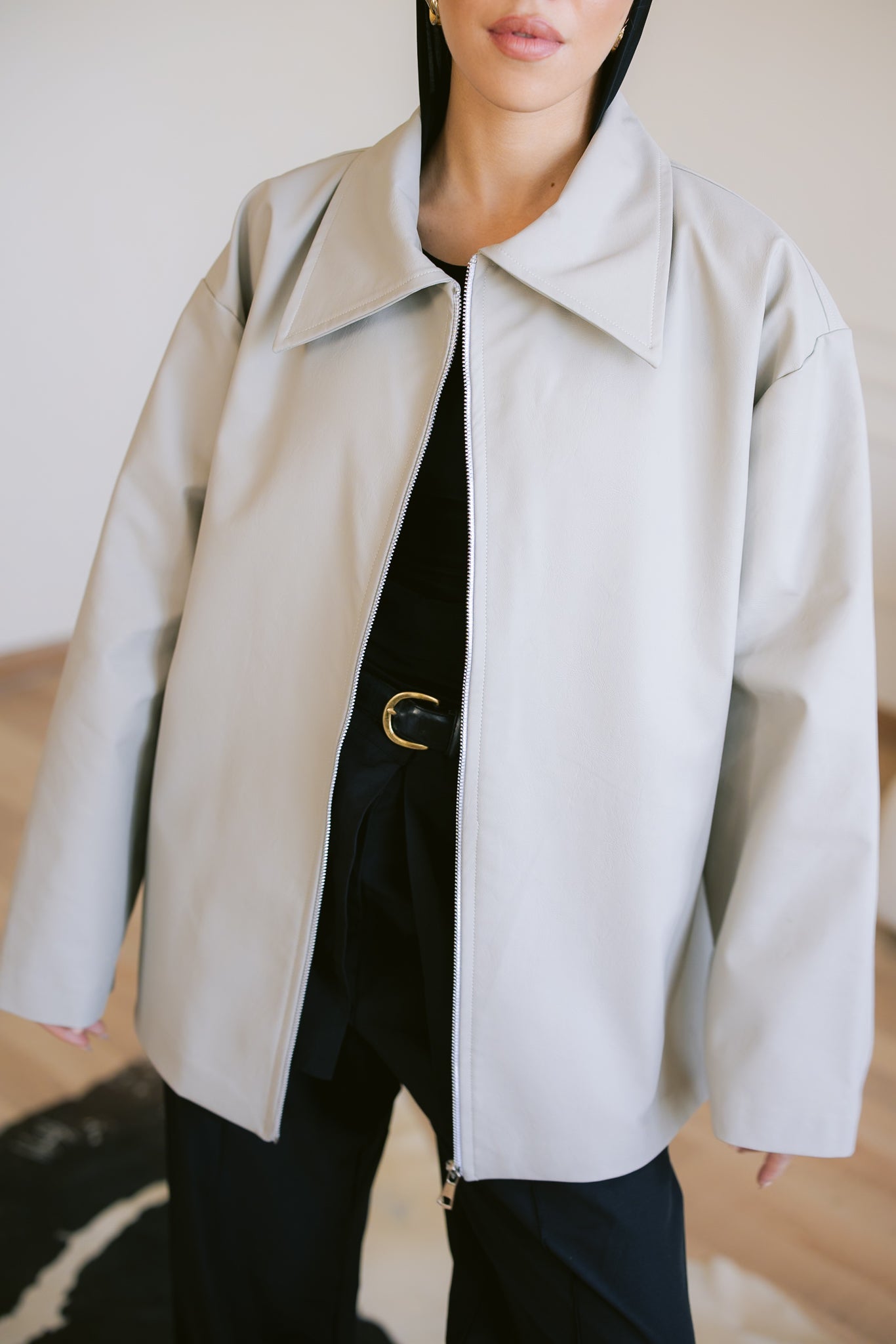 Oversized Straight Leather Jacket - Greige