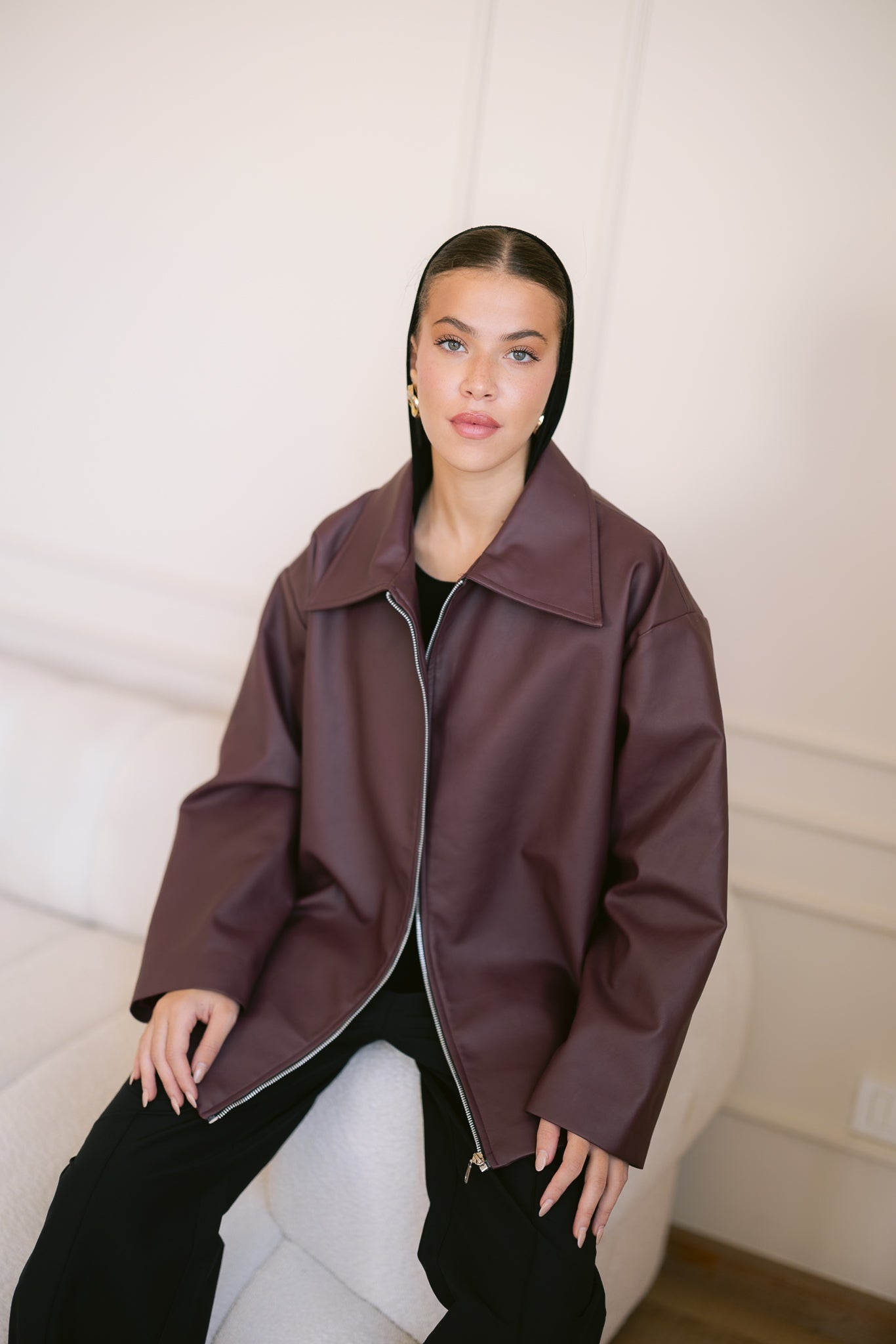 Oversized Straight Leather Jacket - Burgundy