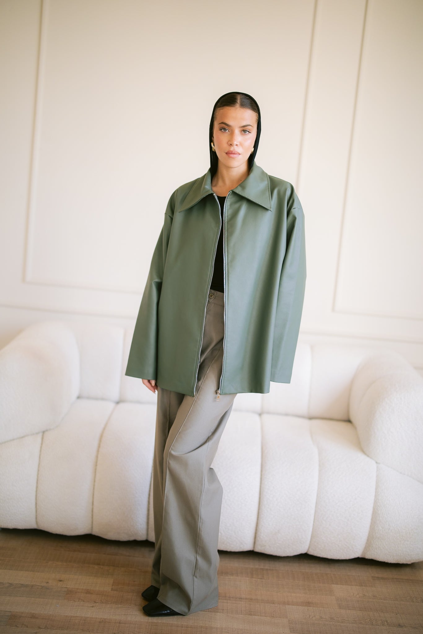 Oversized Straight Leather Jacket - Olive