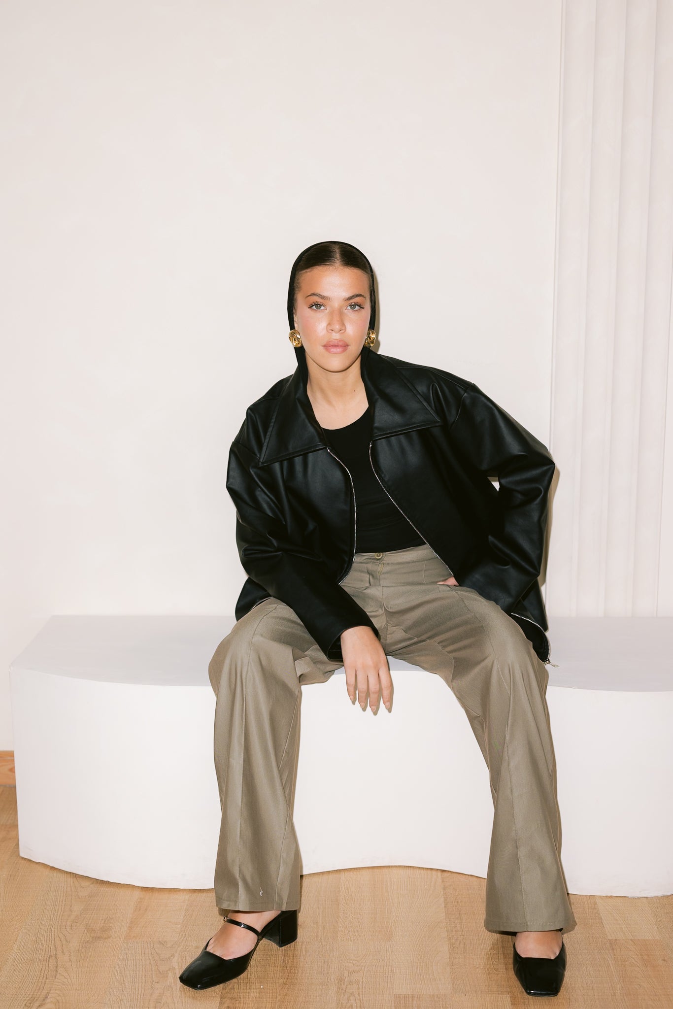 Oversized Straight Leather Jacket - Black