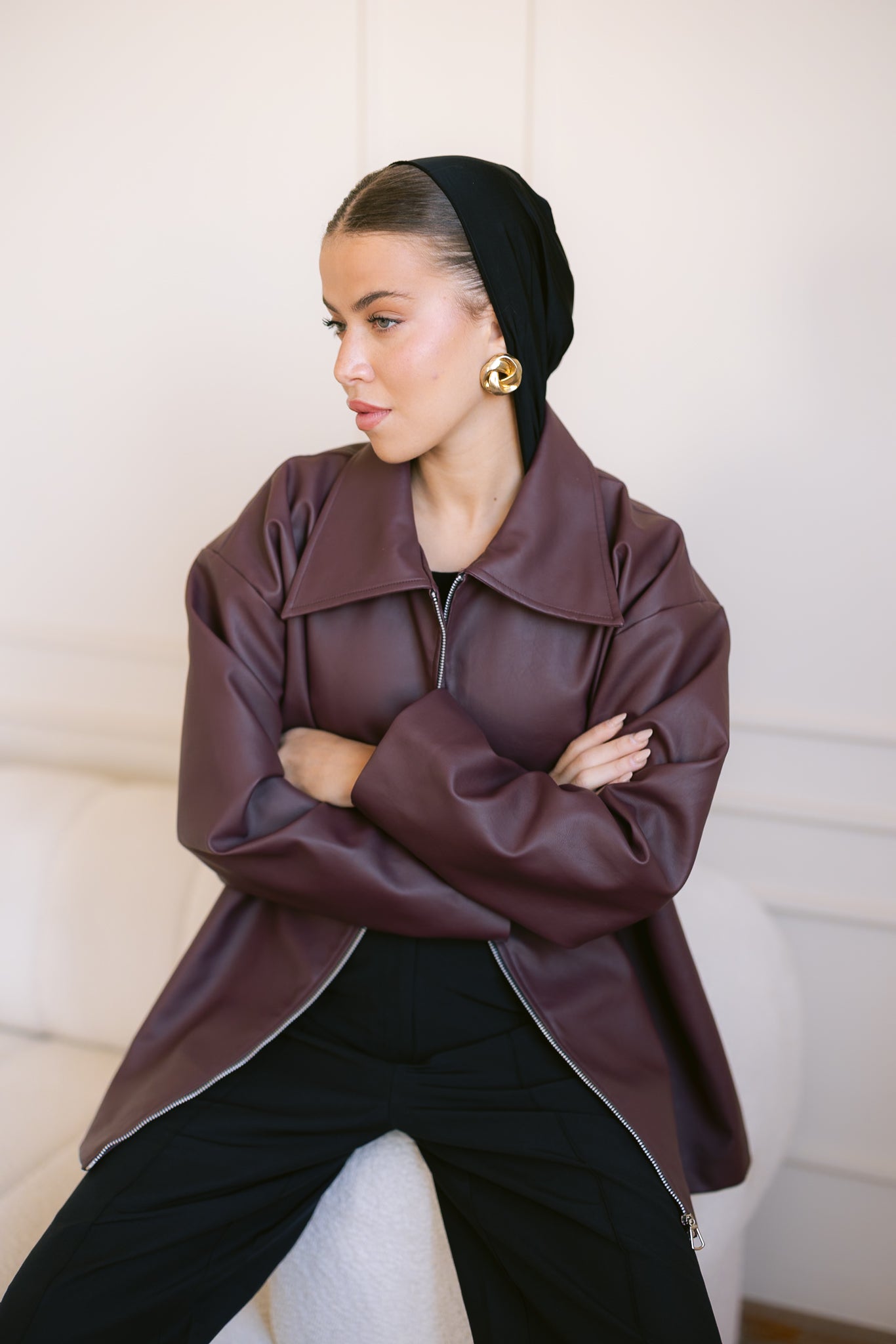Oversized Straight Leather Jacket - Burgundy