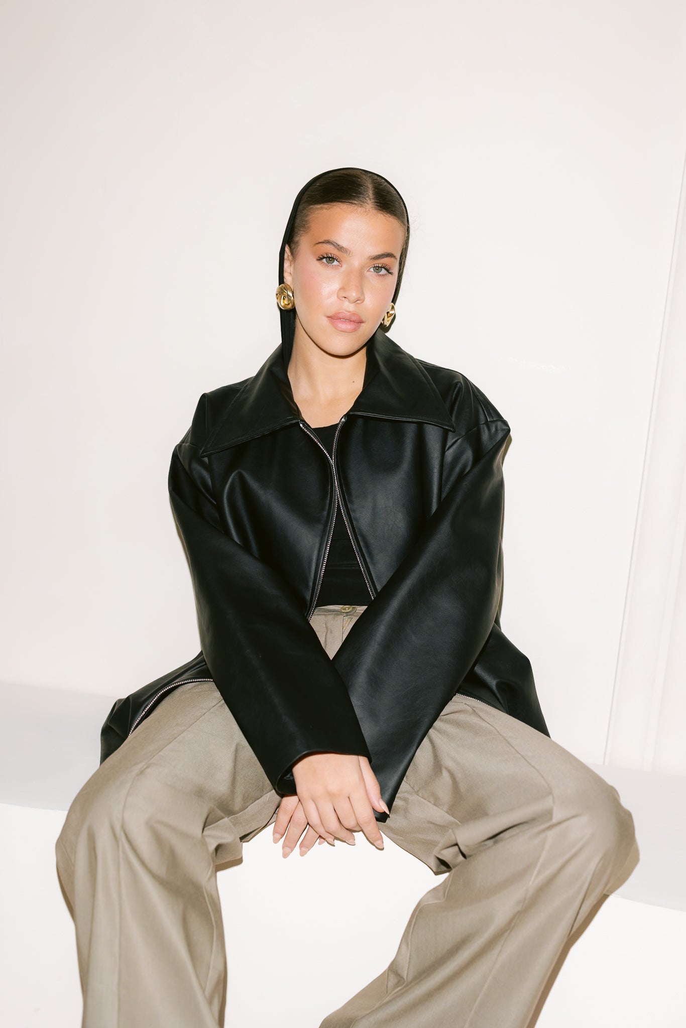 Oversized Straight Leather Jacket - Black