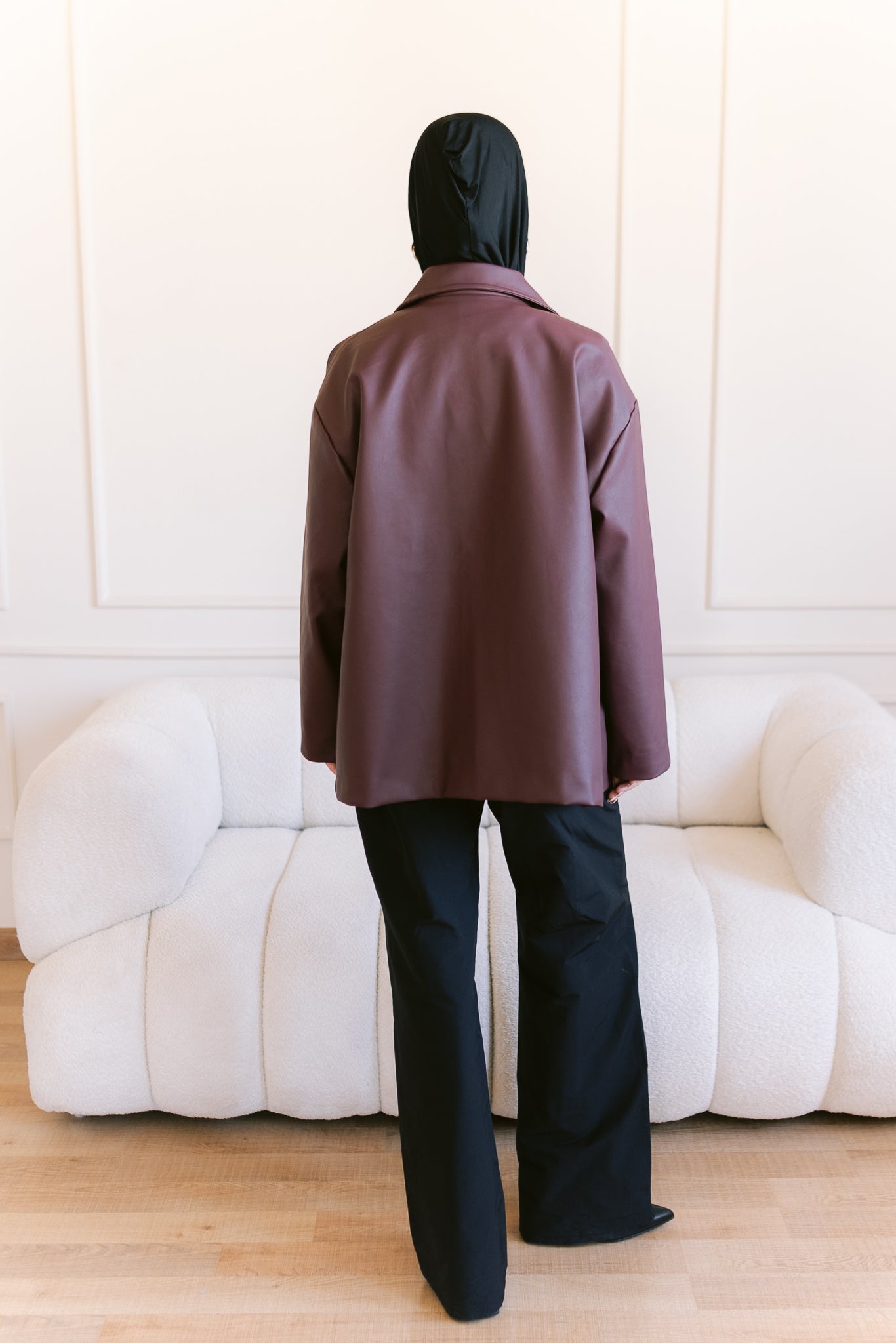 Oversized Straight Leather Jacket - Burgundy
