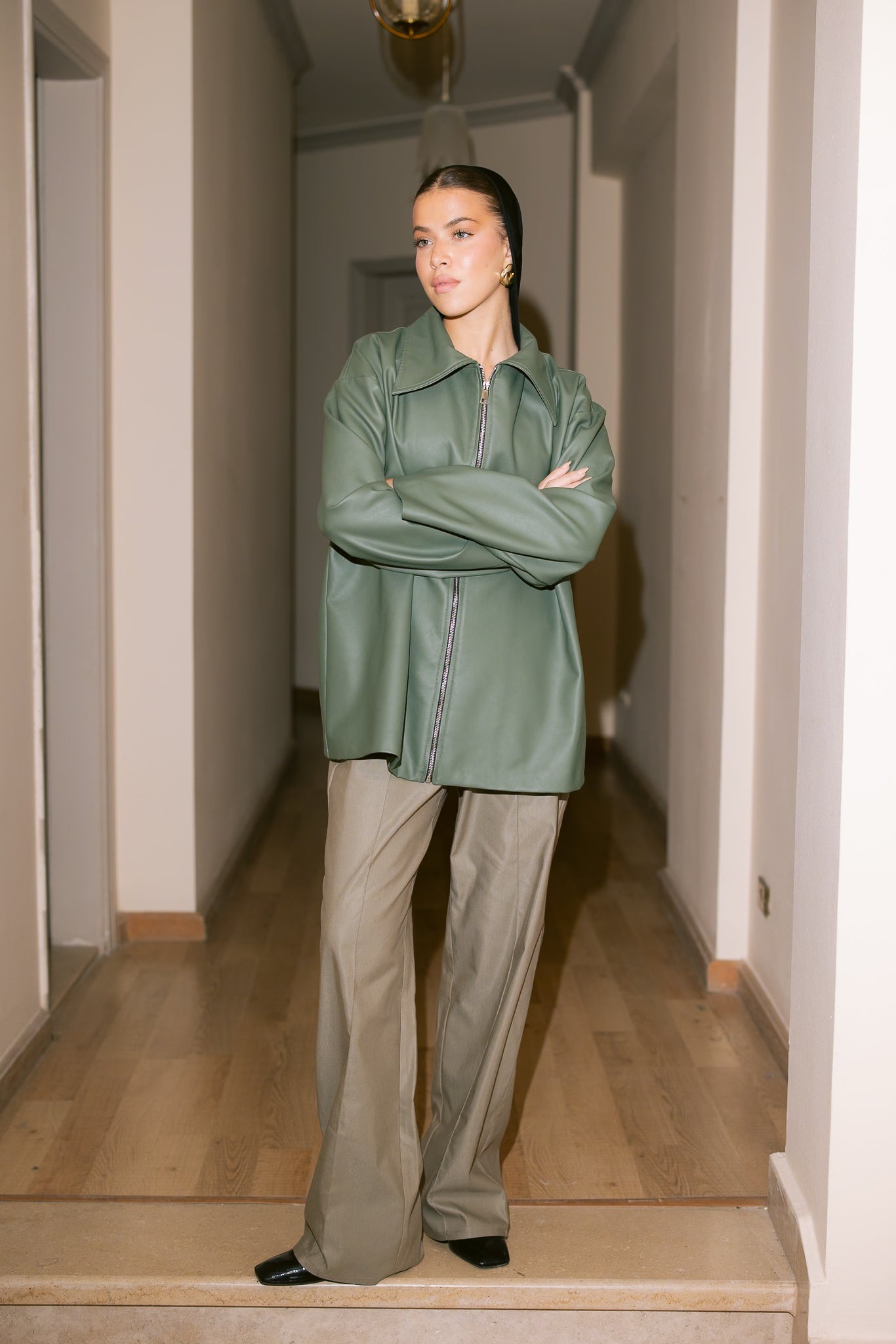 Oversized Straight Leather Jacket - Olive