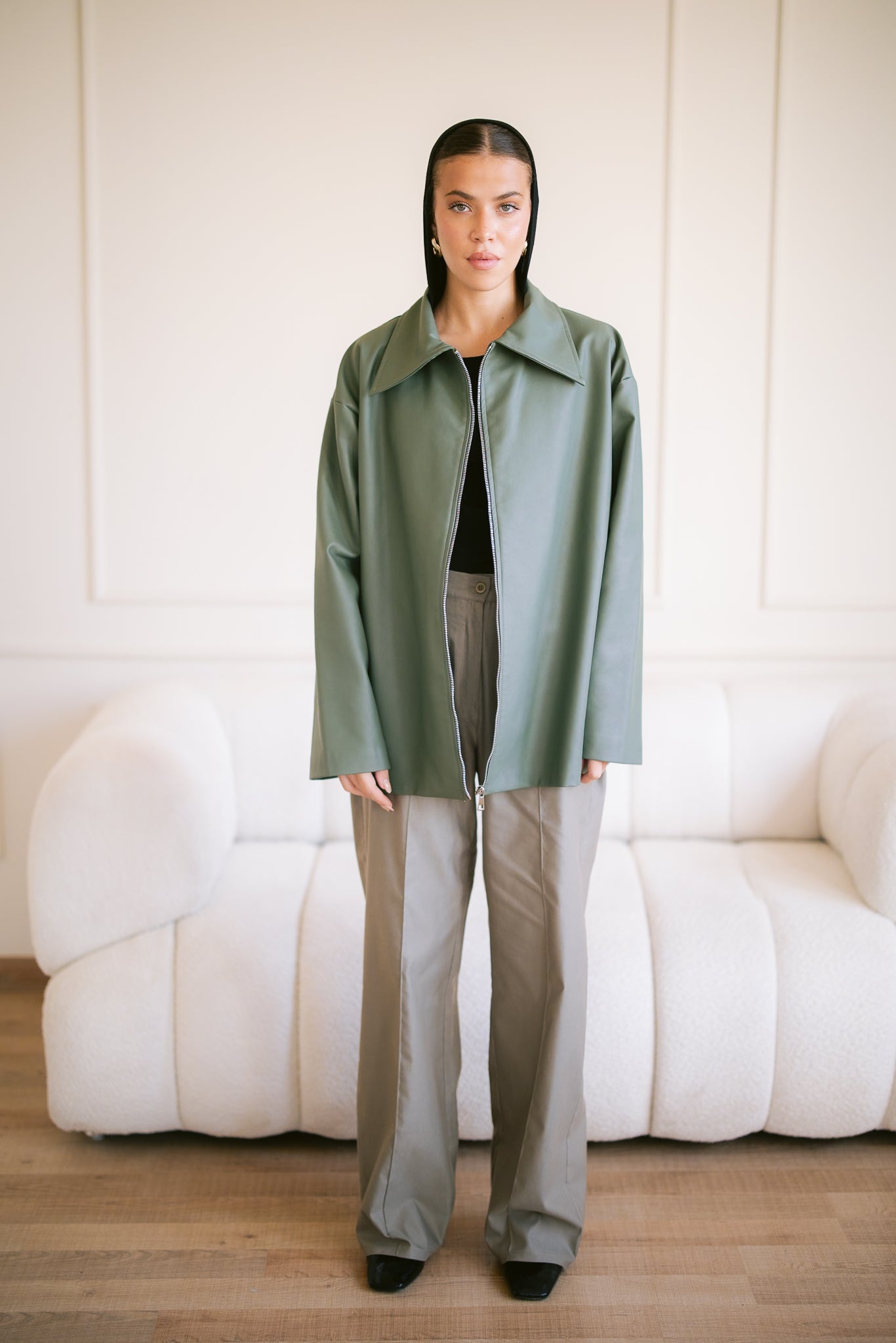 Oversized Straight Leather Jacket - Olive