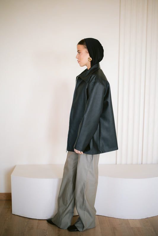 Oversized Straight Leather Jacket - Black