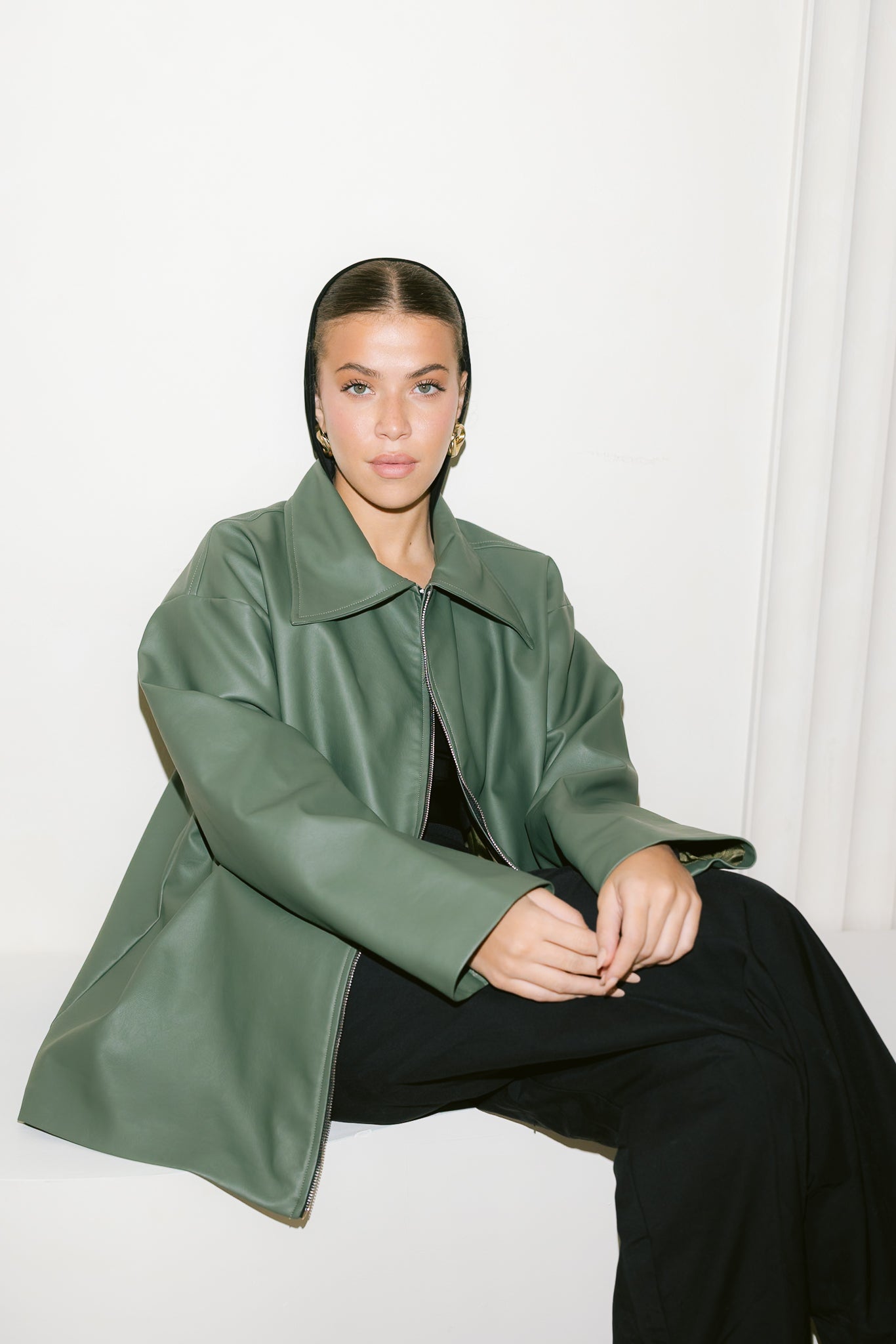 Oversized Straight Leather Jacket - Olive