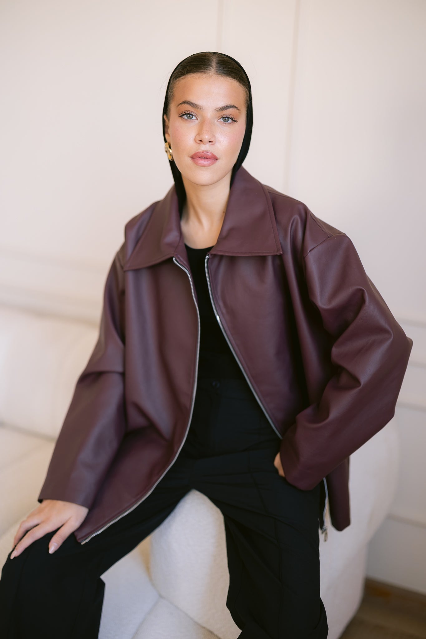 Oversized Straight Leather Jacket - Burgundy