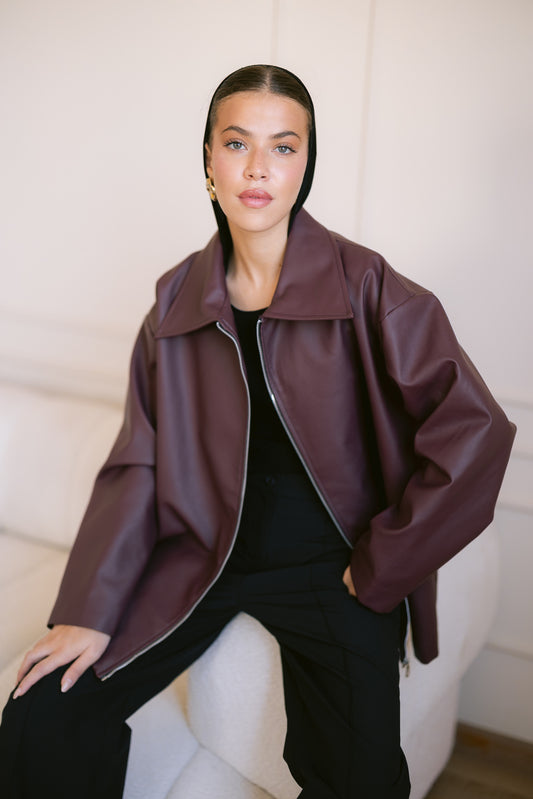 Oversized Straight Leather Jacket - Burgundy