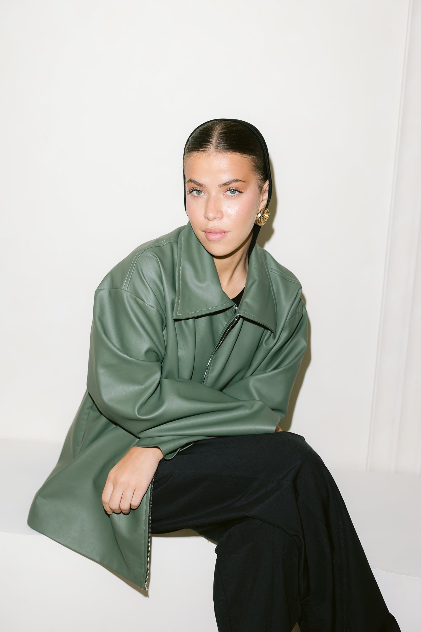 Oversized Straight Leather Jacket - Olive