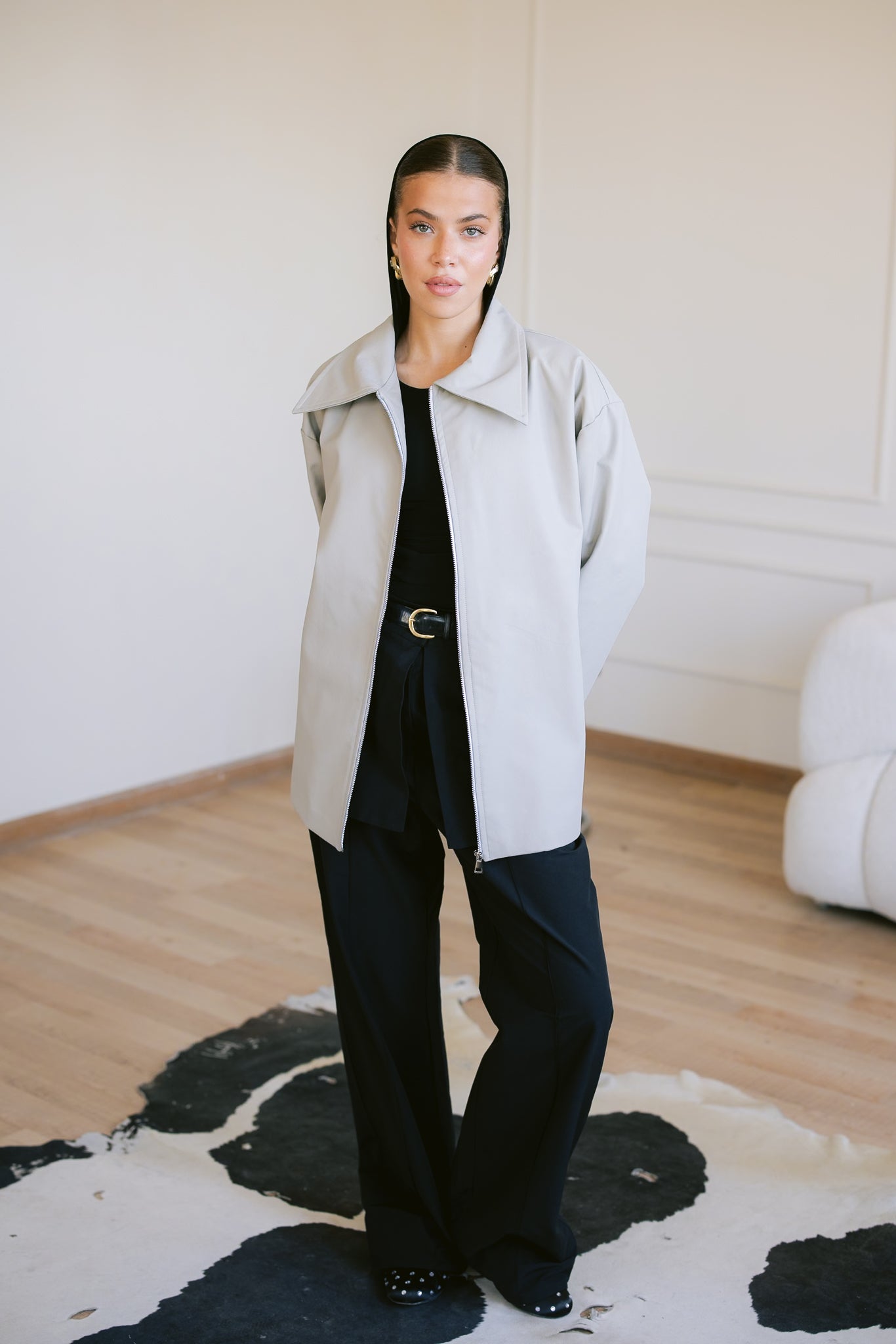 Oversized Straight Leather Jacket - Greige