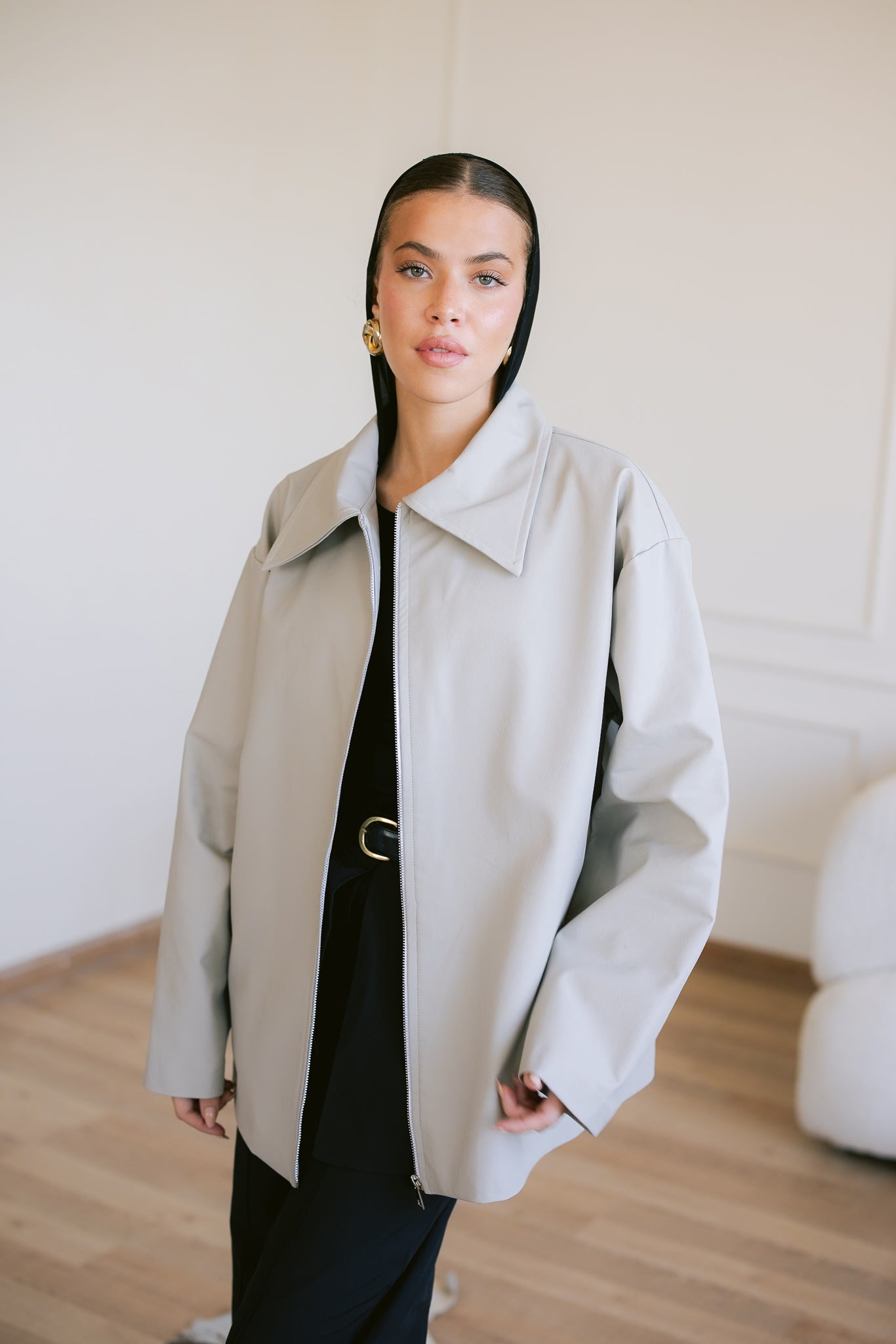 Oversized Straight Leather Jacket - Greige