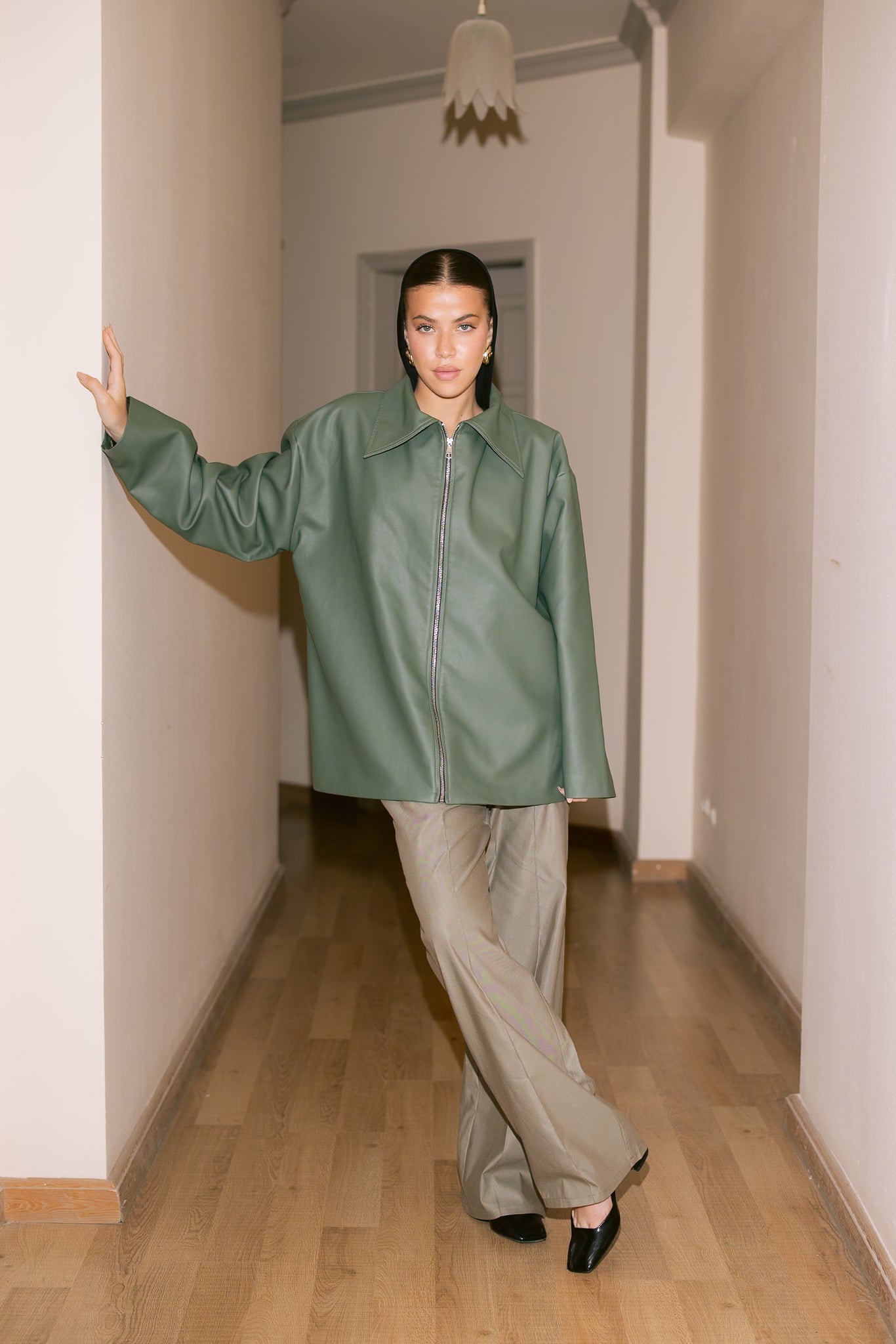 Oversized Straight Leather Jacket - Olive