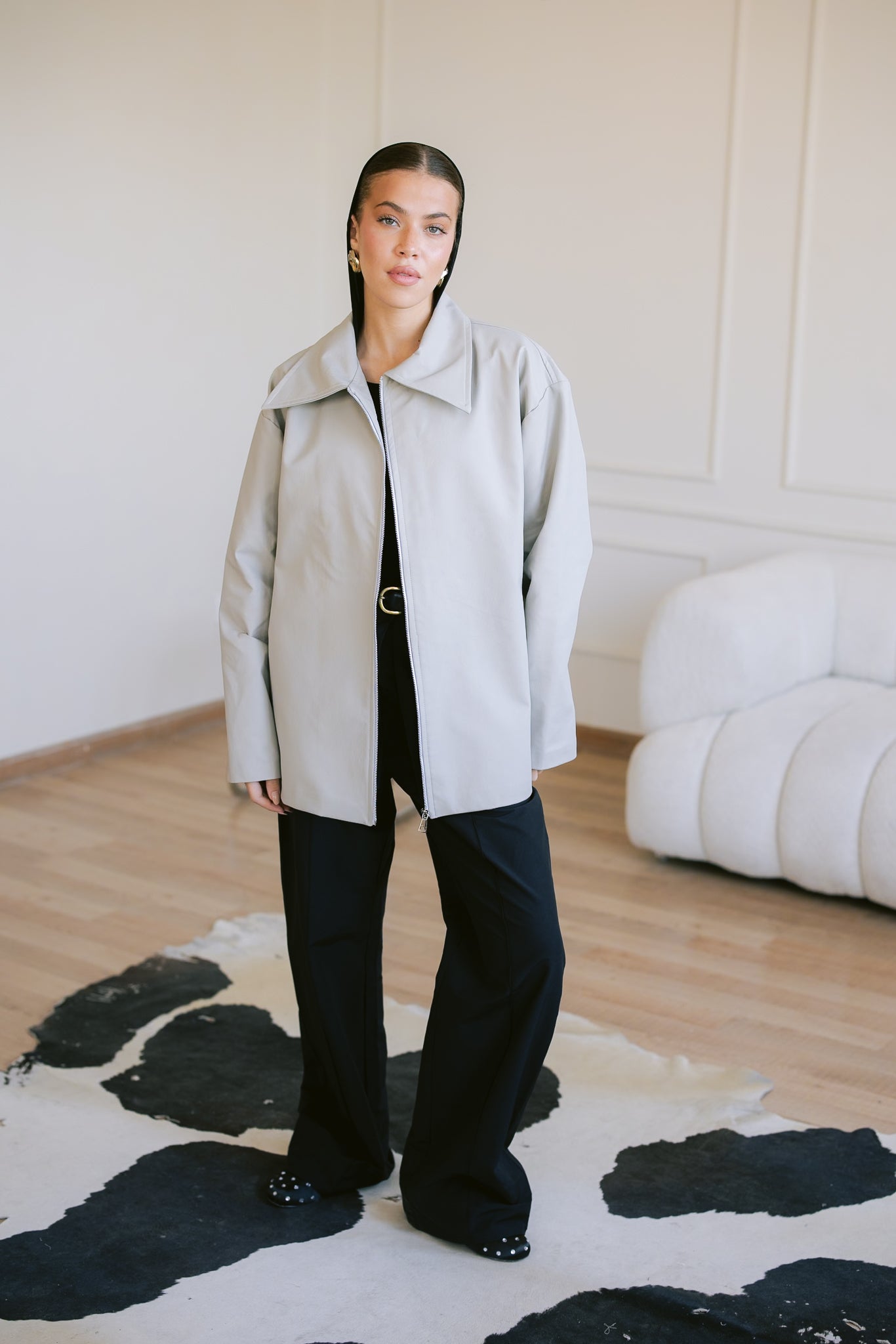 Oversized Straight Leather Jacket - Greige