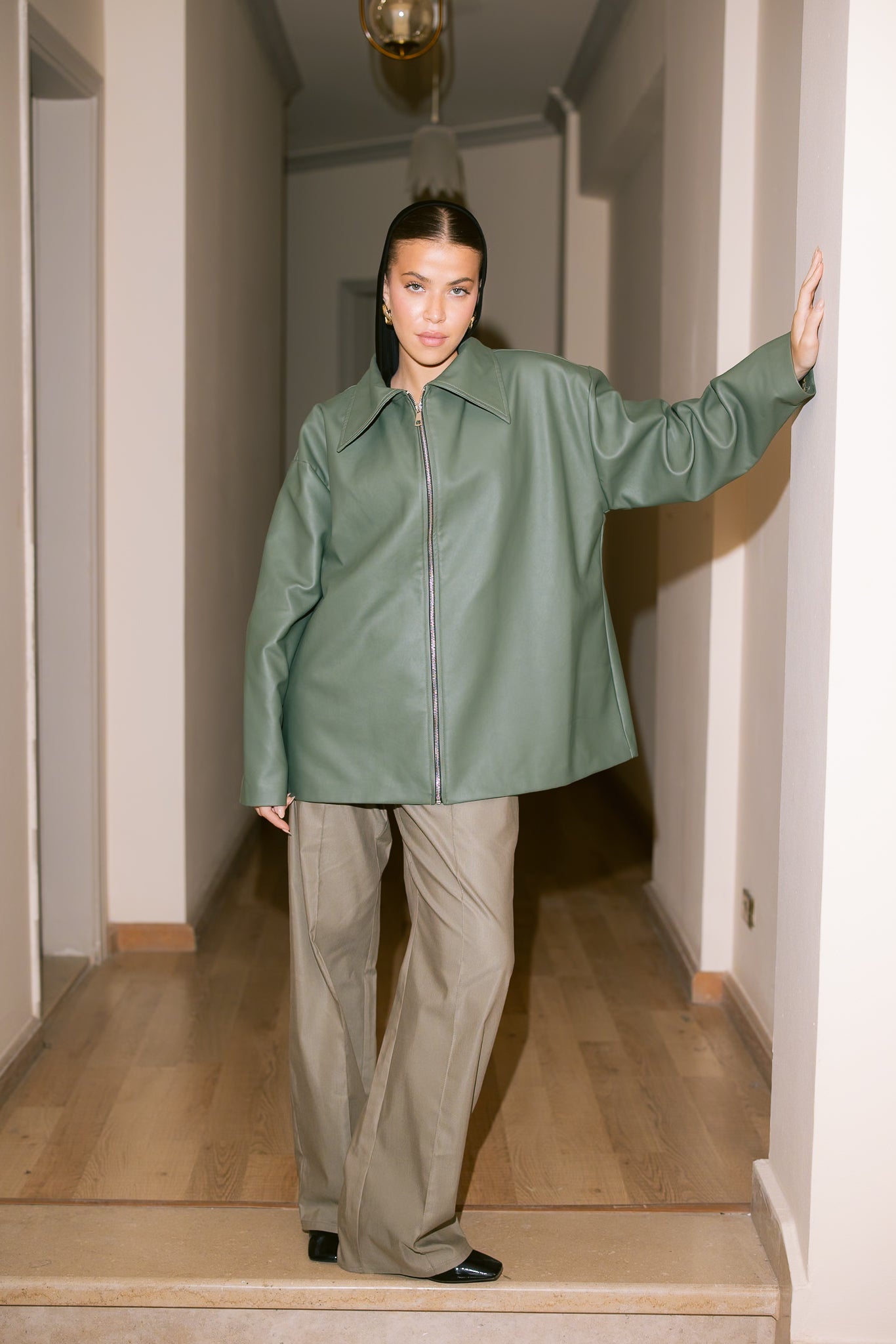 Oversized Straight Leather Jacket - Olive