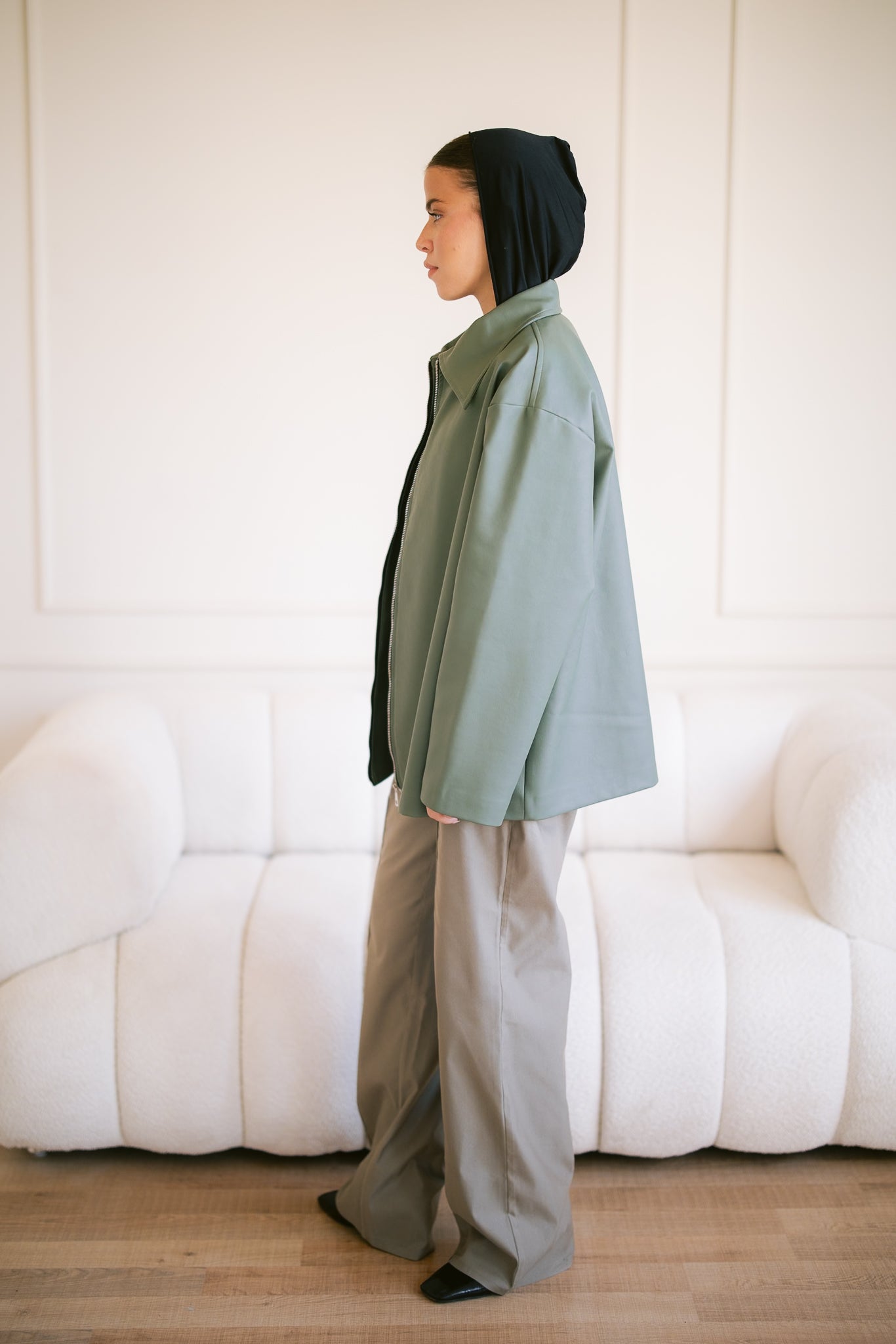 Oversized Straight Leather Jacket - Olive