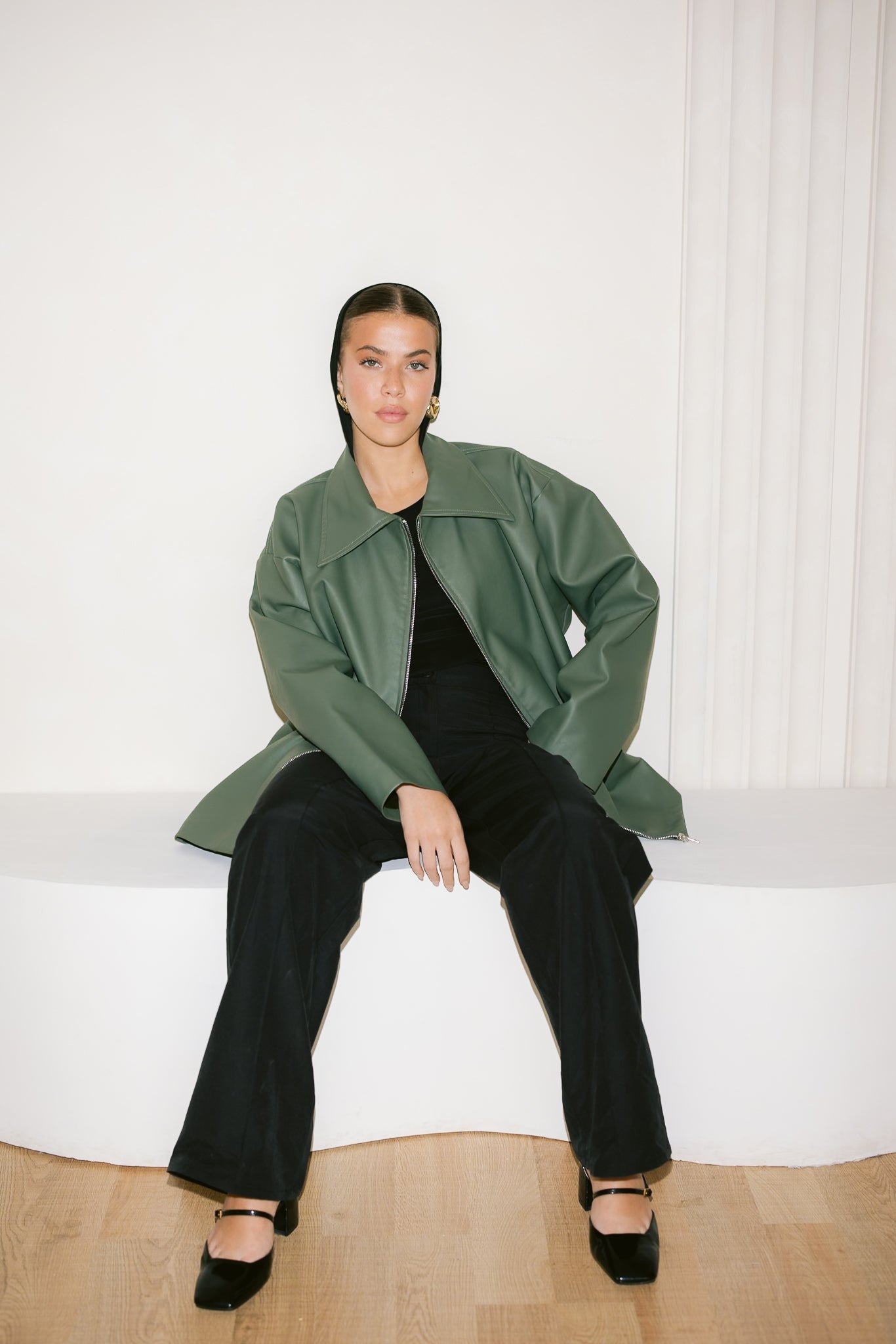 Oversized Straight Leather Jacket - Olive
